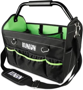 17-Inch Open Top Tool Bag, Electrician Tool Bag, Tool Tote Bag Organizer for Easy Tool Access, 33 Pockets Foldable Tool Carrier with Rotating Steel Handle and Removable Shoulder Strap (Black Green)
