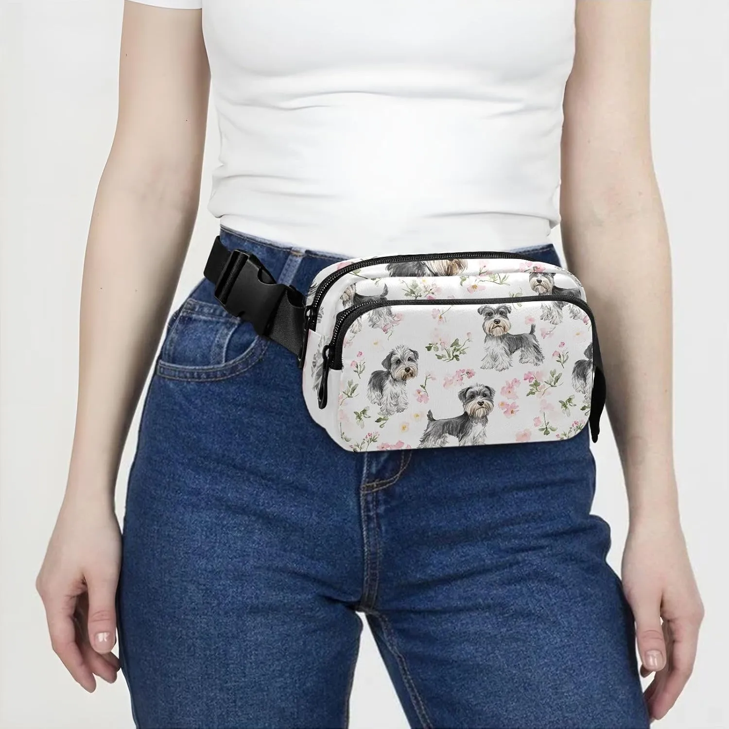 Aesthetic Miniature Schnauzer Dogs White Cute Waist Pack Crossbody Bag for Men Women Water Resistant Chest Bag Belt Bag with Adjustable Strap for Travel Shopping Running