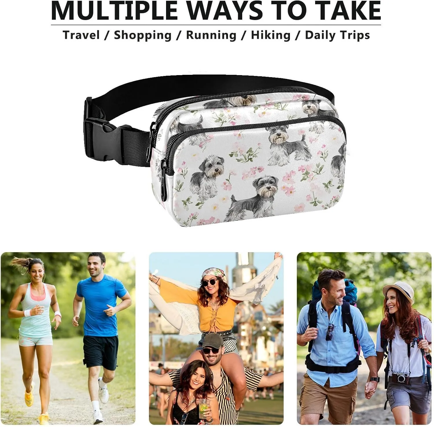 Aesthetic Miniature Schnauzer Dogs White Cute Waist Pack Crossbody Bag for Men Women Water Resistant Chest Bag Belt Bag with Adjustable Strap for Travel Shopping Running