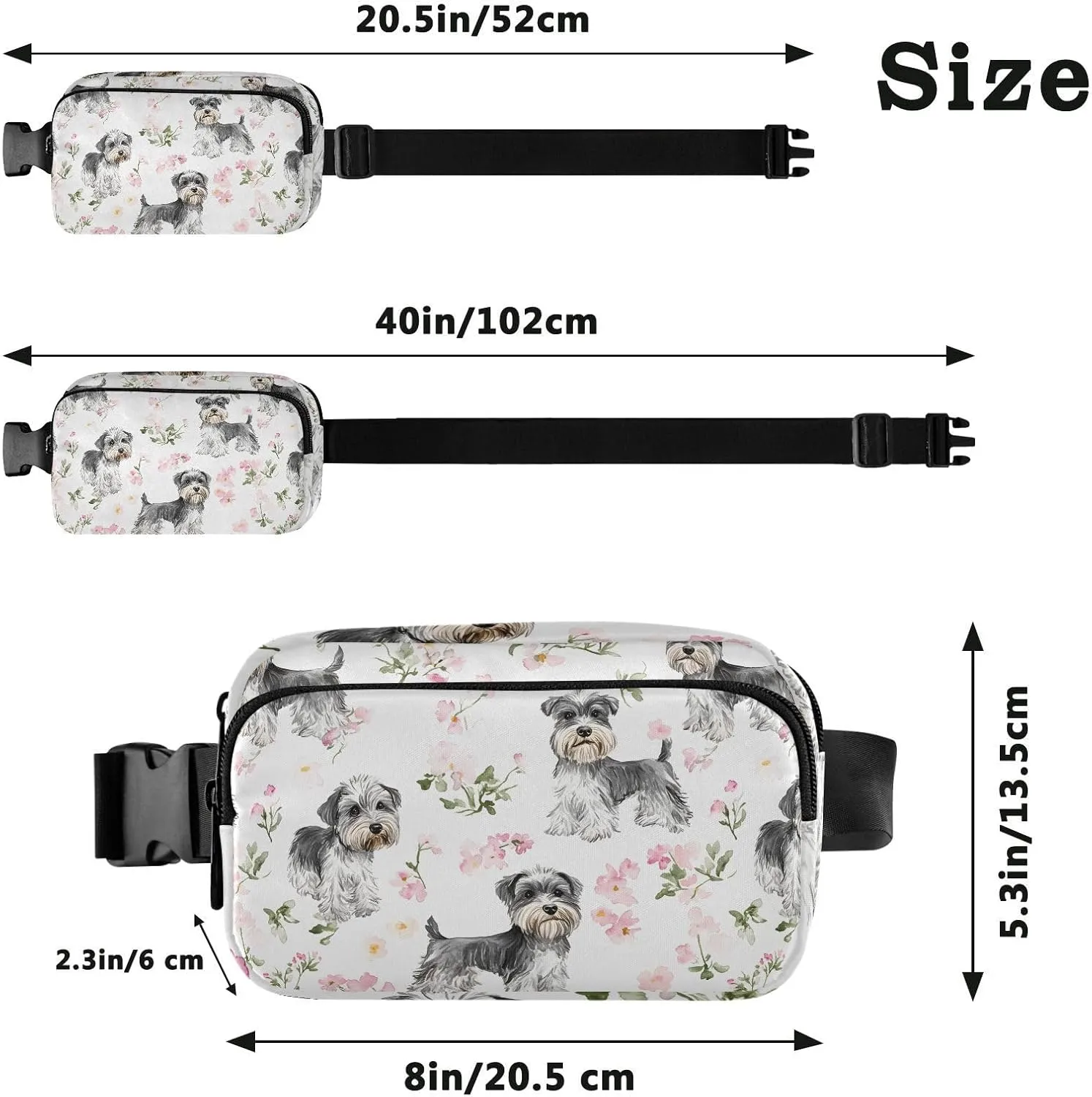 Aesthetic Miniature Schnauzer Dogs White Cute Waist Pack Crossbody Bag for Men Women Water Resistant Chest Bag Belt Bag with Adjustable Strap for Travel Shopping Running