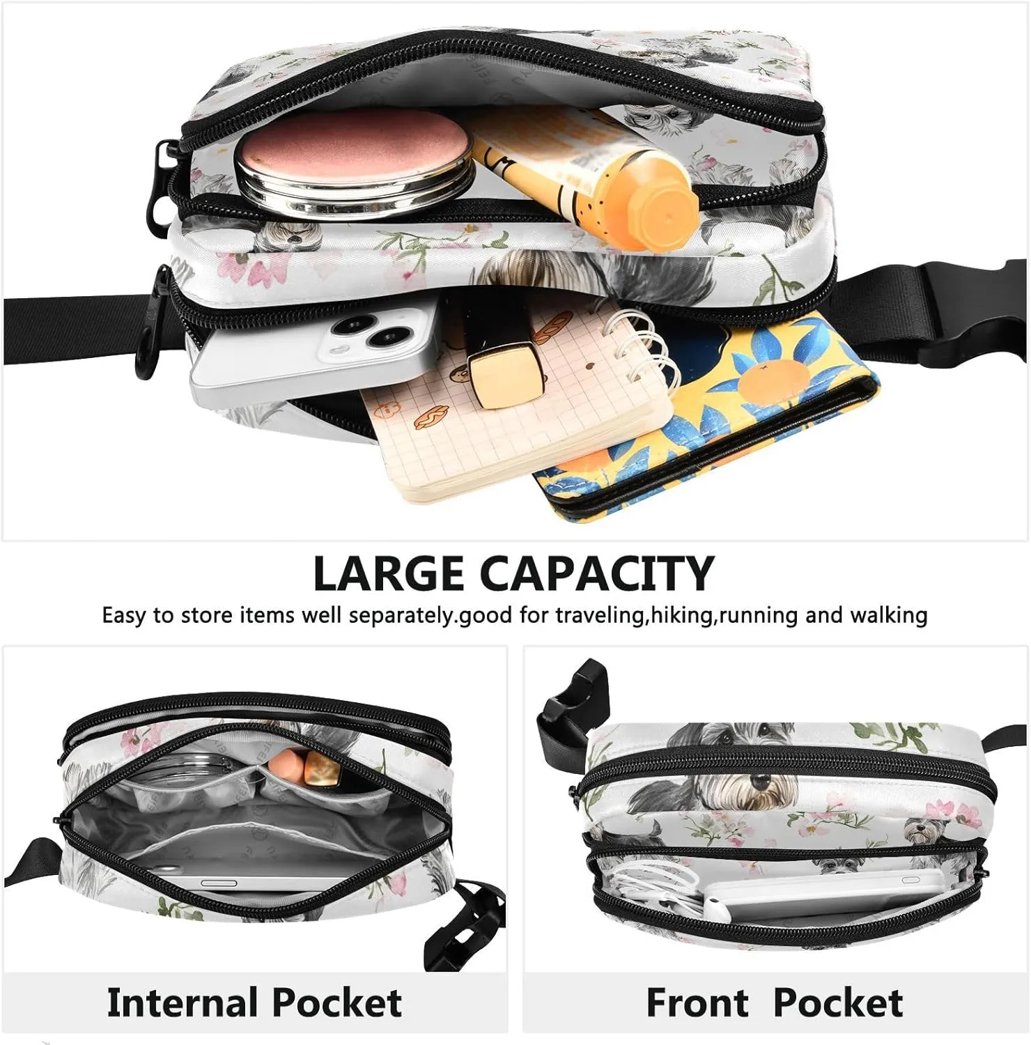 Aesthetic Miniature Schnauzer Dogs White Cute Waist Pack Crossbody Bag for Men Women Water Resistant Chest Bag Belt Bag with Adjustable Strap for Travel Shopping Running