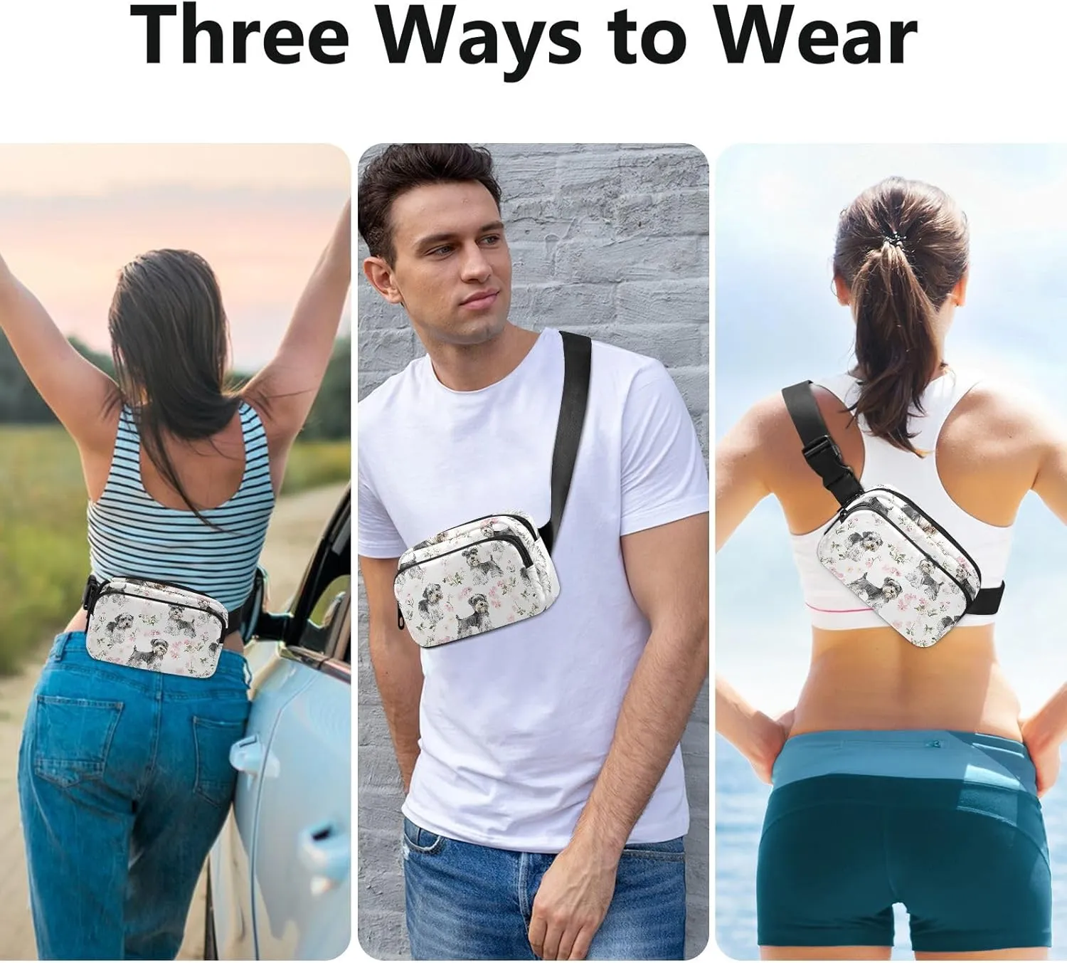 Aesthetic Miniature Schnauzer Dogs White Cute Waist Pack Crossbody Bag for Men Women Water Resistant Chest Bag Belt Bag with Adjustable Strap for Travel Shopping Running