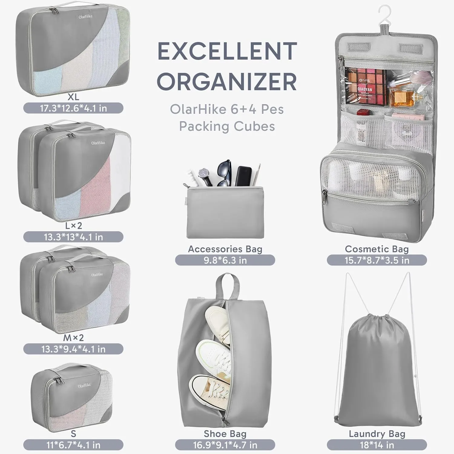 ALL INCLUDED 10 Set Durable Packing Cubes for Suitcases,OlarHike Essentials for Travel, UPGRADED Anti-Tear Stitching, NEW Improved Luggage Packing Organizers for Travel Accessories (Grey)