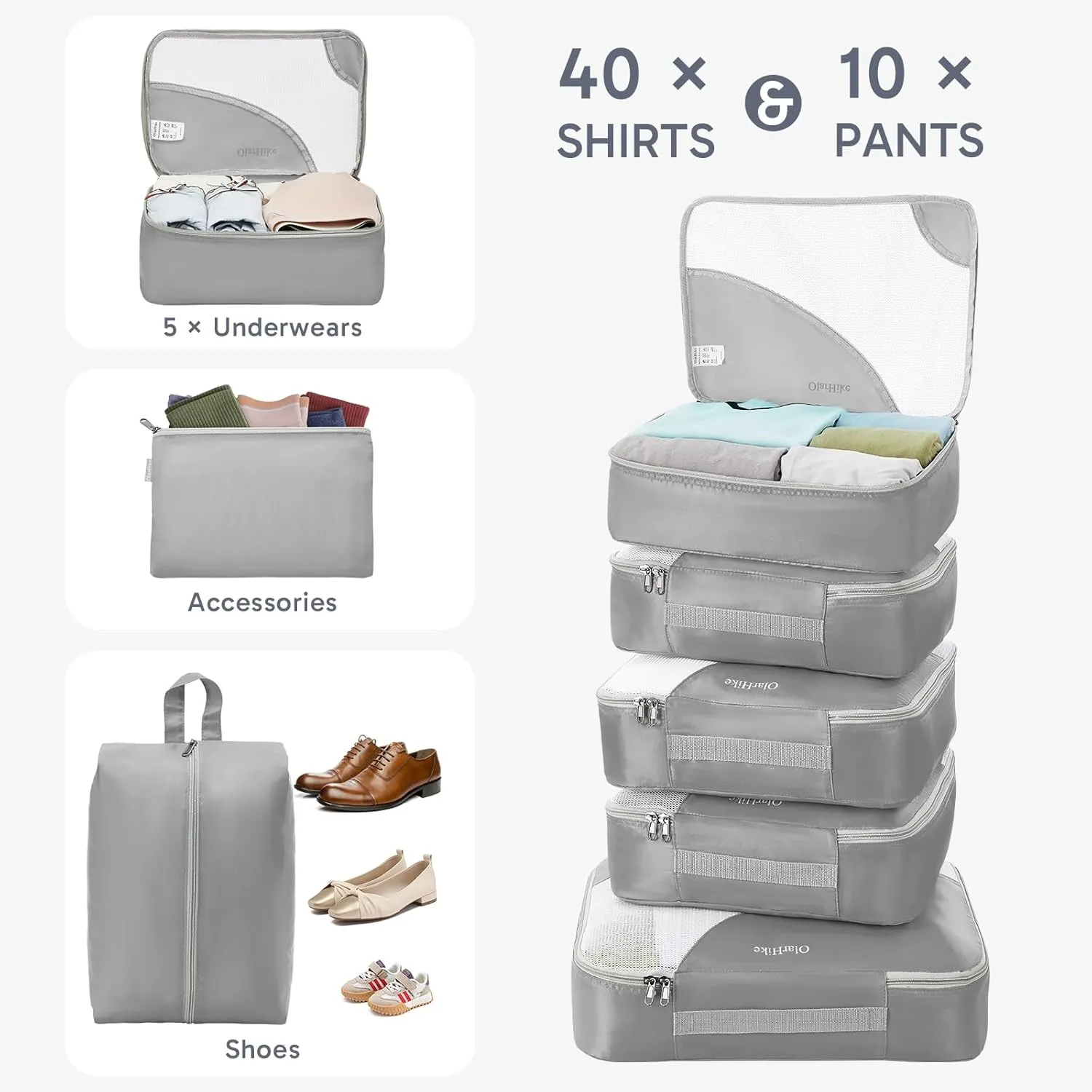 ALL INCLUDED 10 Set Durable Packing Cubes for Suitcases,OlarHike Essentials for Travel, UPGRADED Anti-Tear Stitching, NEW Improved Luggage Packing Organizers for Travel Accessories (Grey)