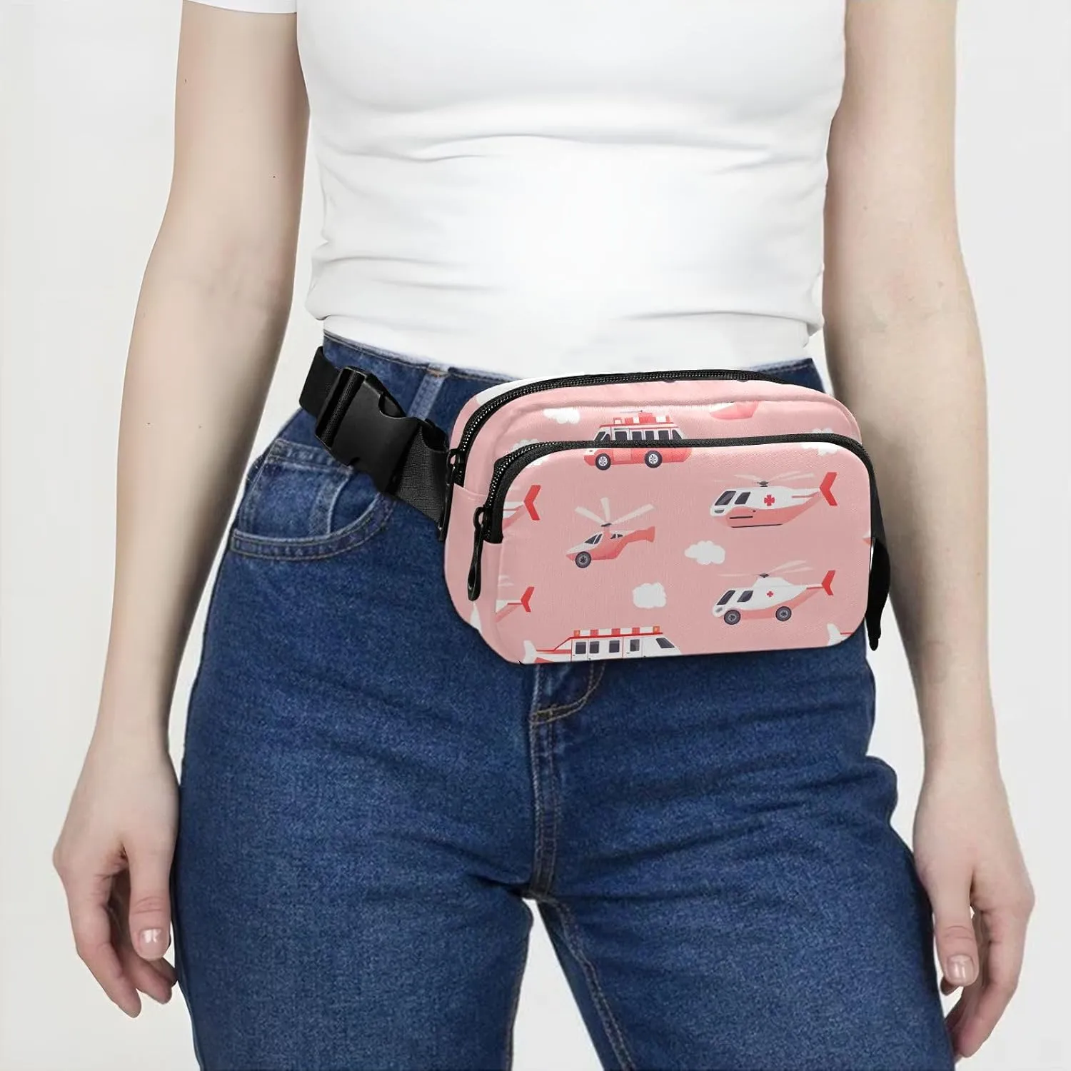 Ambulance Car Helicopter Blush Fashionable Fanny Waist Pack for Men Women Large Capacity Cross Body Bag Belt Pack with Adjustable Strap for Travel Vacation Running