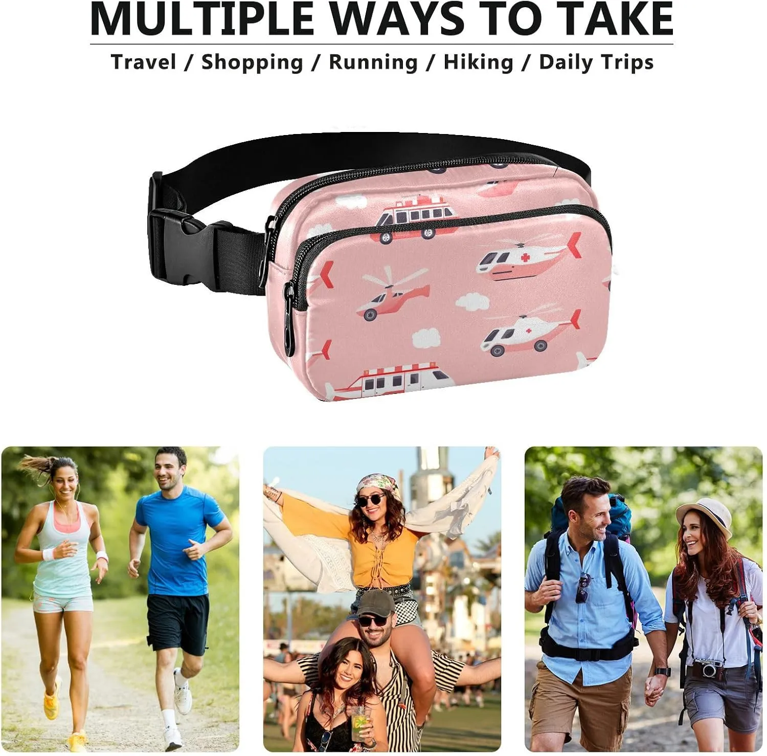 Ambulance Car Helicopter Blush Fashionable Fanny Waist Pack for Men Women Large Capacity Cross Body Bag Belt Pack with Adjustable Strap for Travel Vacation Running