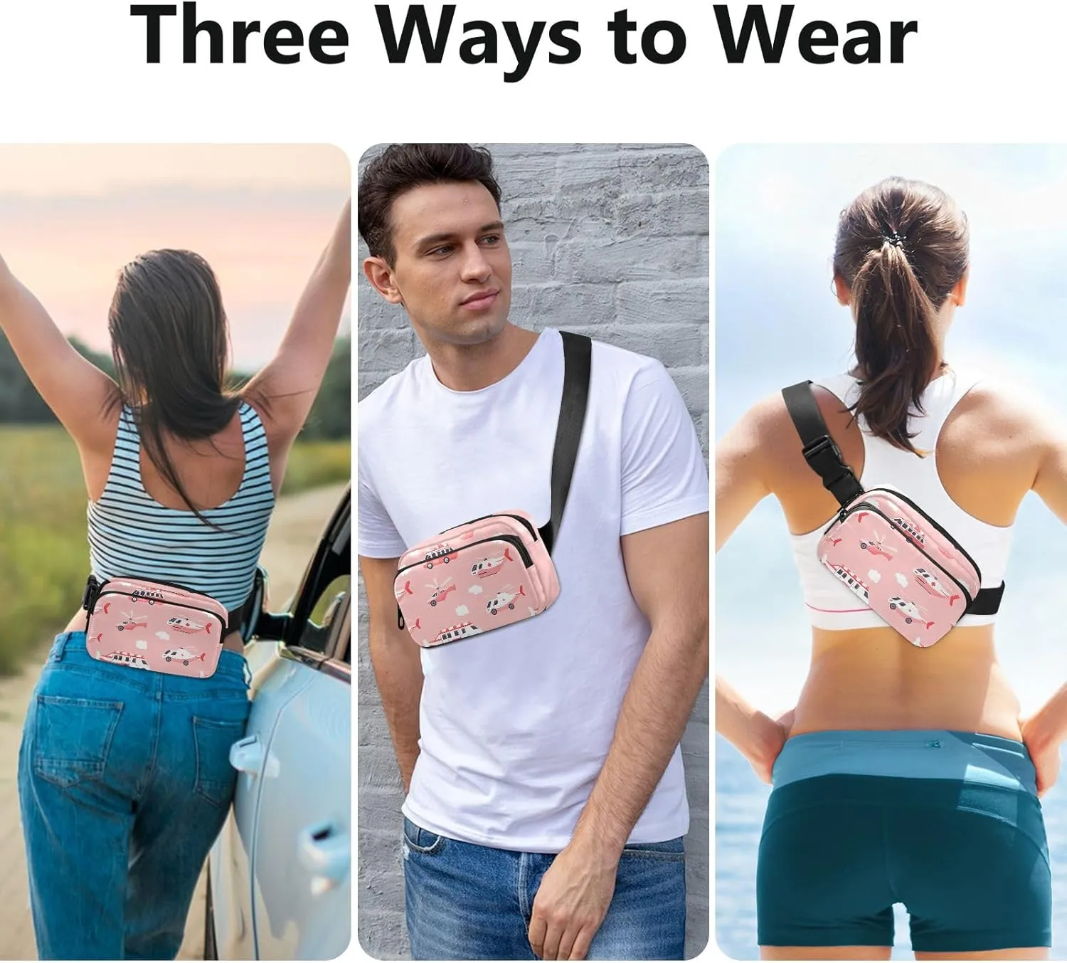 Ambulance Car Helicopter Blush Fashionable Fanny Waist Pack for Men Women Large Capacity Cross Body Bag Belt Pack with Adjustable Strap for Travel Vacation Running
