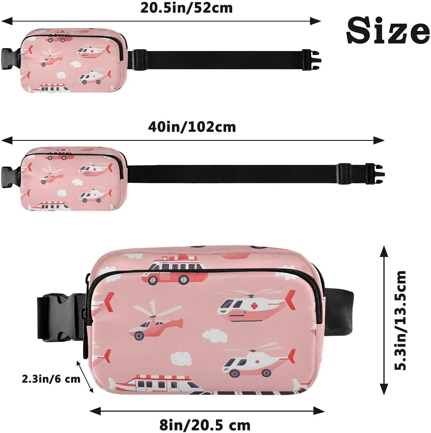 Ambulance Car Helicopter Blush Fashionable Fanny Waist Pack for Men Women Large Capacity Cross Body Bag Belt Pack with Adjustable Strap for Travel Vacation Running