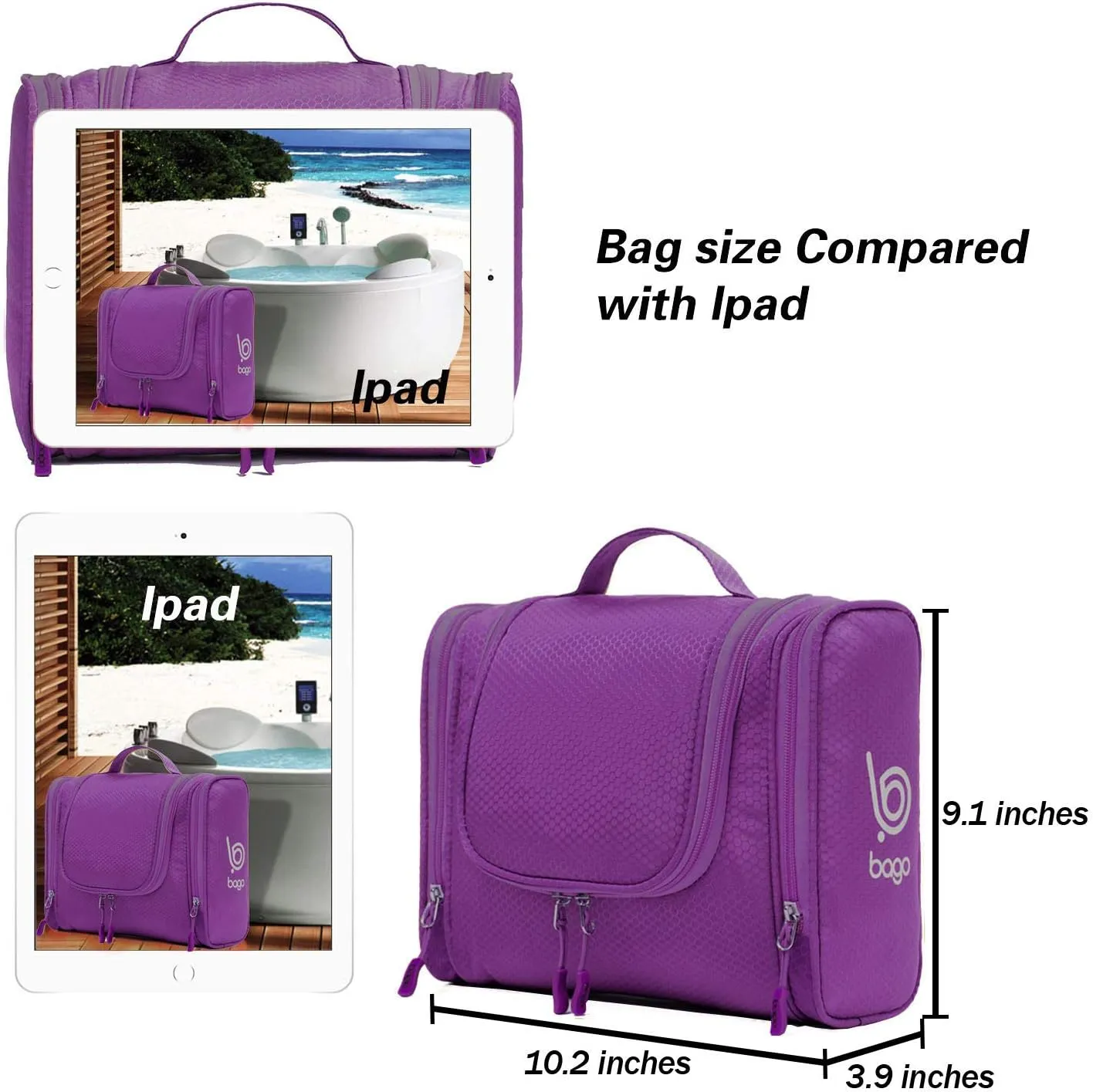 bago Travel Toiletry Bag for Women and Men - Large Waterproof Hanging Toiletry Bag for Bathroom and Travel Bag for Toiletries Organizer (Purple)