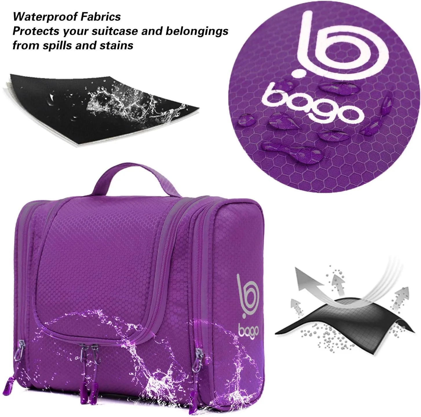 bago Travel Toiletry Bag for Women and Men - Large Waterproof Hanging Toiletry Bag for Bathroom and Travel Bag for Toiletries Organizer (Purple)