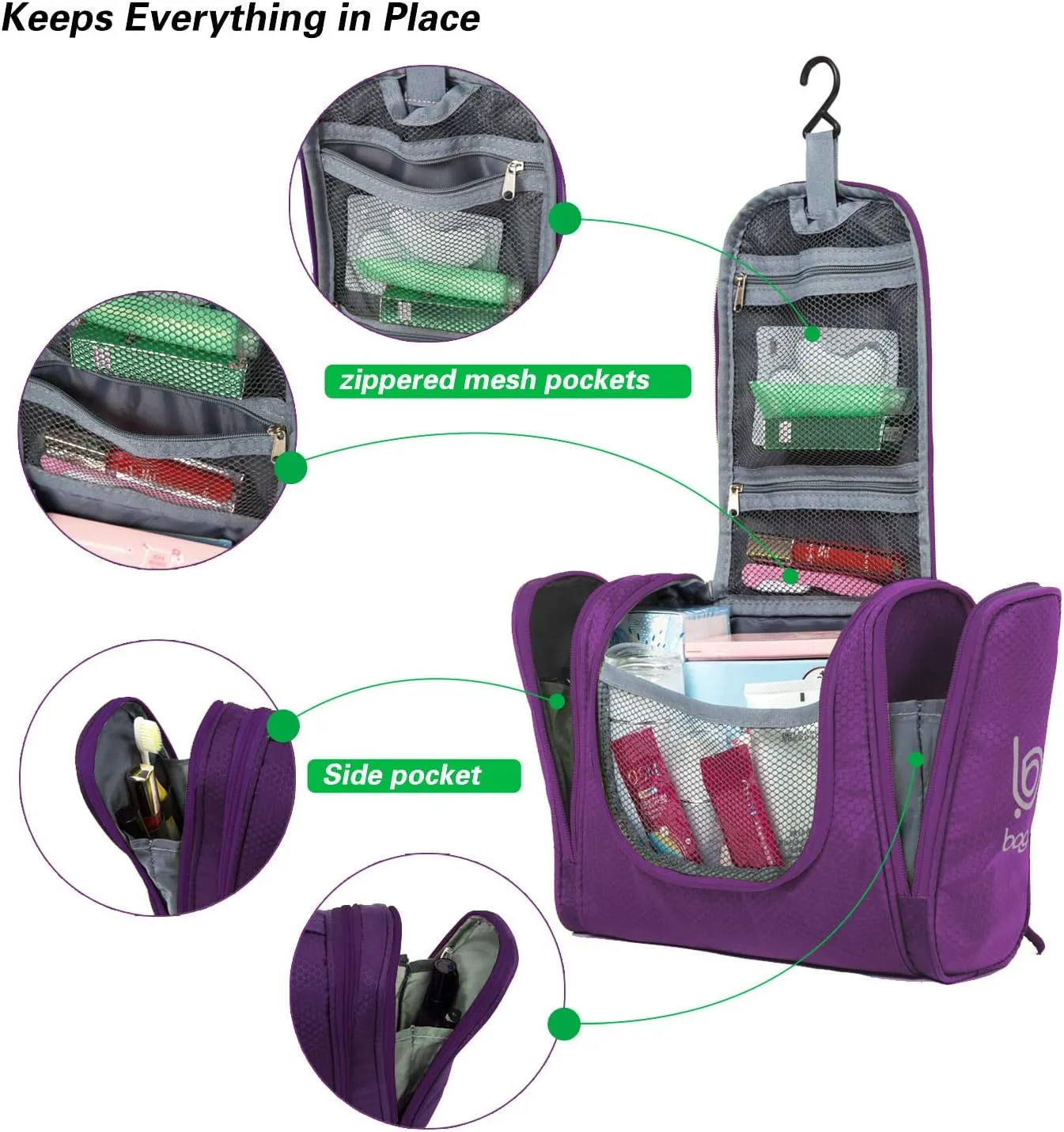 bago Travel Toiletry Bag for Women and Men - Large Waterproof Hanging Toiletry Bag for Bathroom and Travel Bag for Toiletries Organizer (Purple)