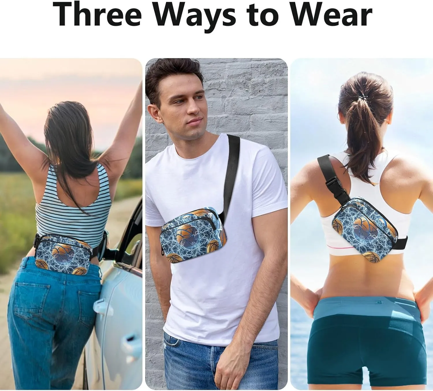 Basketball Blue Lightning Silver Stylish Fanny Waist Pack for Women Men Mini Sling Bag Travel Accessory with Adjustable Strap for Travel Gym Work