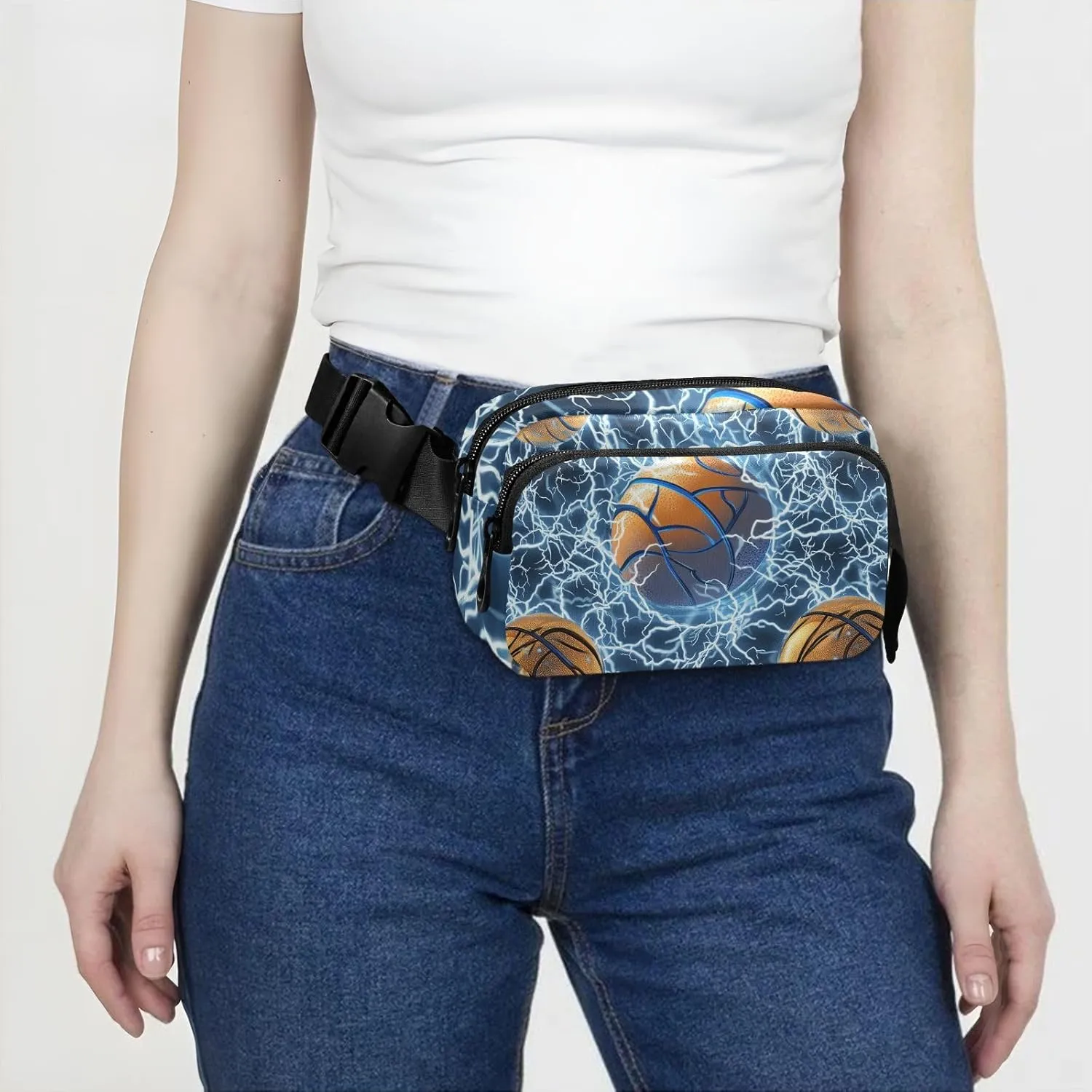 Basketball Blue Lightning Silver Stylish Fanny Waist Pack for Women Men Mini Sling Bag Travel Accessory with Adjustable Strap for Travel Gym Work