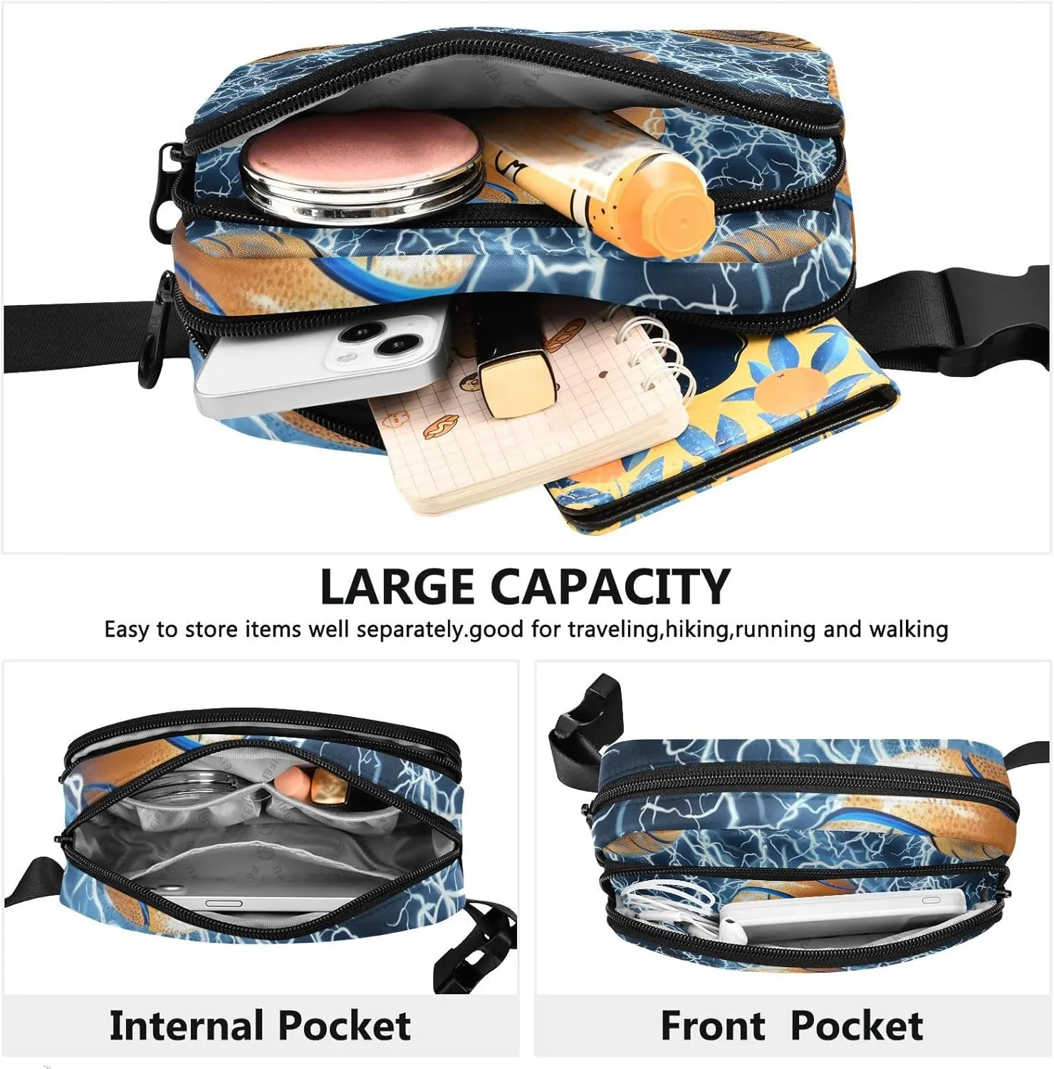 Basketball Blue Lightning Silver Stylish Fanny Waist Pack for Women Men Mini Sling Bag Travel Accessory with Adjustable Strap for Travel Gym Work