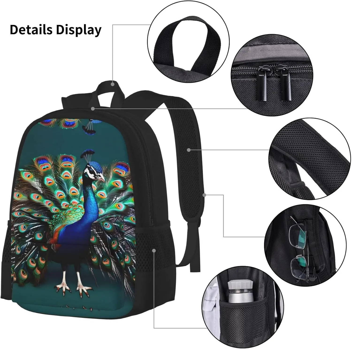 Beautiful Peacock Print 3pcs Casual Backpack With Lunch Box Unisex Adjustable Backpack,Travel Laptop Backpack