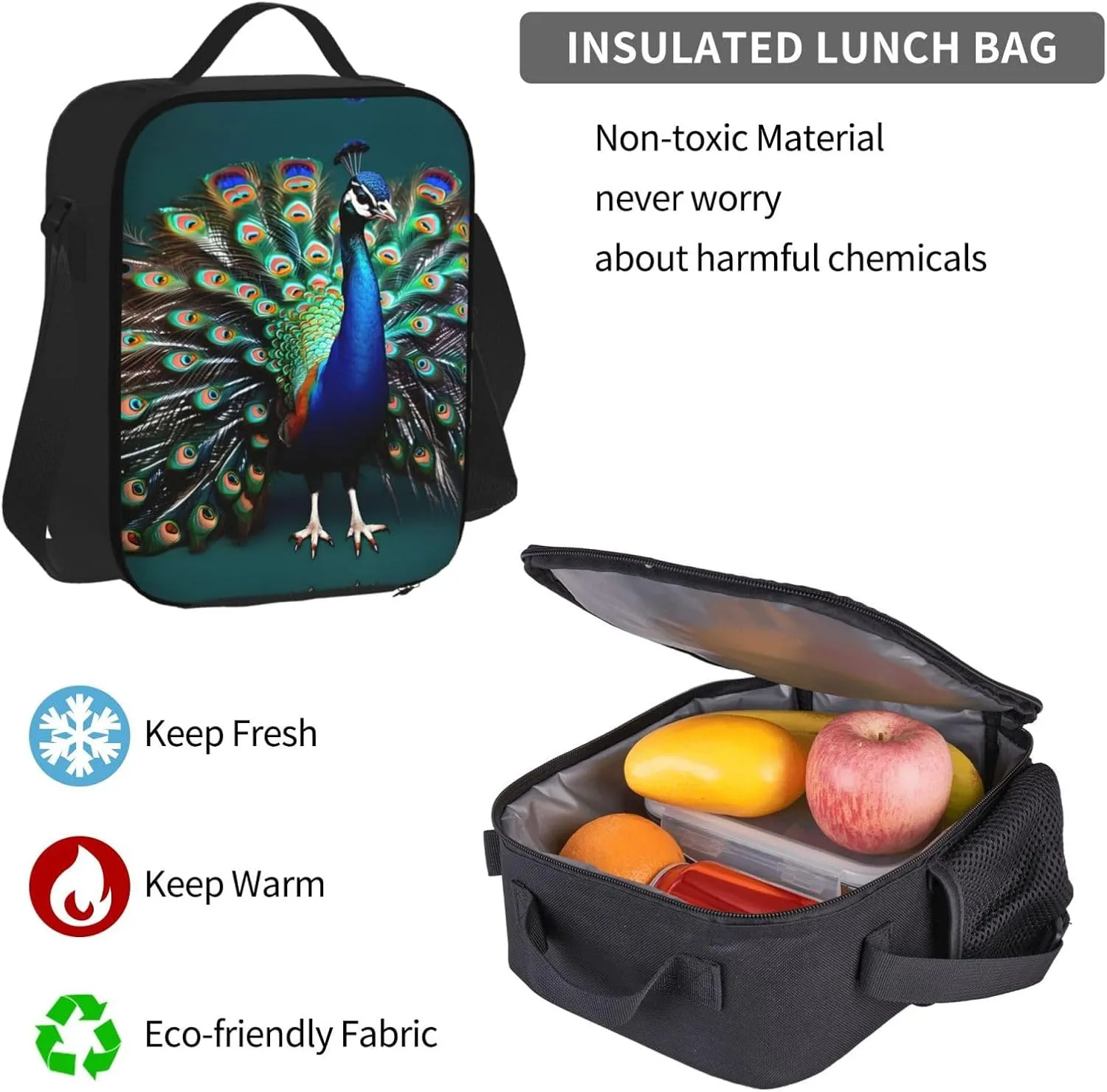 Beautiful Peacock Print 3pcs Casual Backpack With Lunch Box Unisex Adjustable Backpack,Travel Laptop Backpack