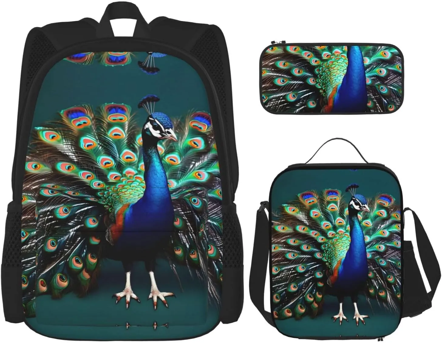 Beautiful Peacock Print 3pcs Casual Backpack With Lunch Box Unisex Adjustable Backpack,Travel Laptop Backpack