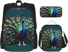 Beautiful Peacock Print 3pcs Casual Backpack With Lunch Box Unisex Adjustable Backpack,Travel Laptop Backpack