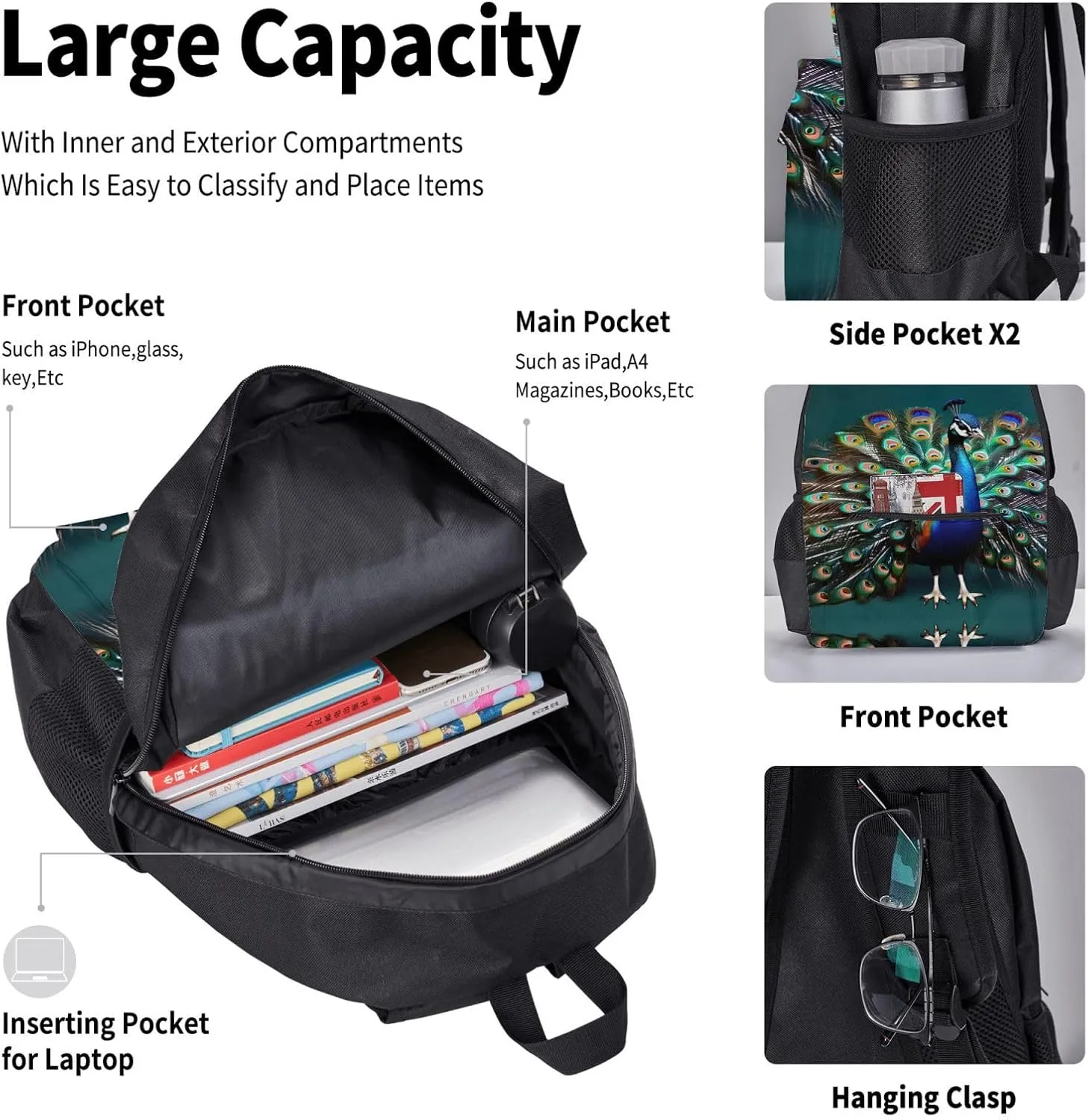 Beautiful Peacock Print 3pcs Casual Backpack With Lunch Box Unisex Adjustable Backpack,Travel Laptop Backpack