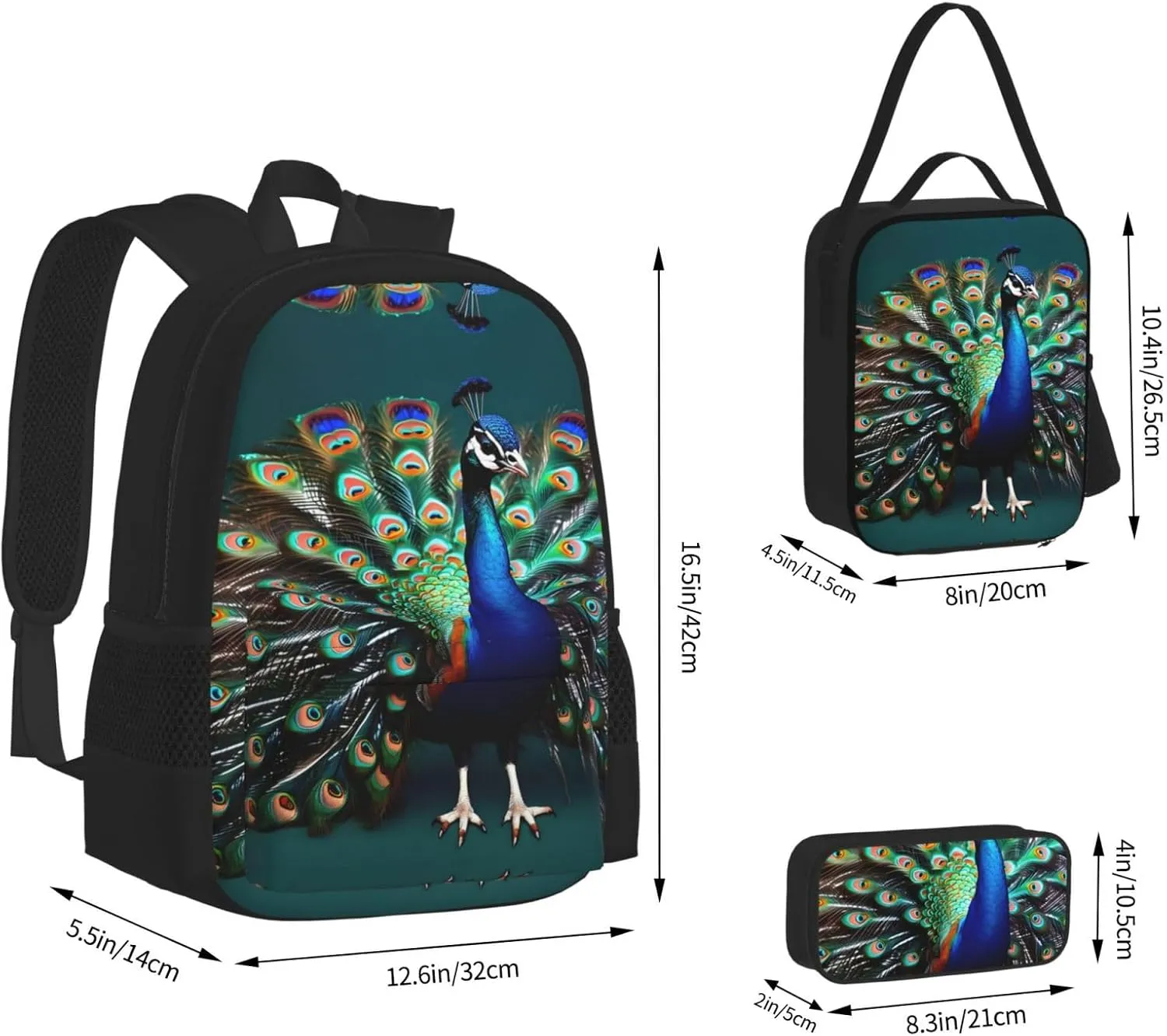 Beautiful Peacock Print 3pcs Casual Backpack With Lunch Box Unisex Adjustable Backpack,Travel Laptop Backpack