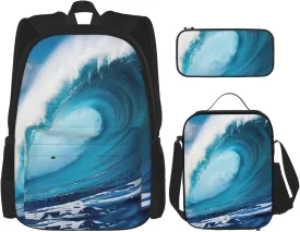 Big Ocean Wave Hd Print Pencil Case Lightweight Casual Fashion Backpack Lunch Bag Large Capacity Travel Bag