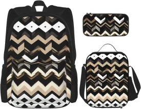 Black White Tan Zigzag Print 3pcs Casual Backpack With Lunch Box Unisex Adjustable Backpack,Travel Laptop Backpack