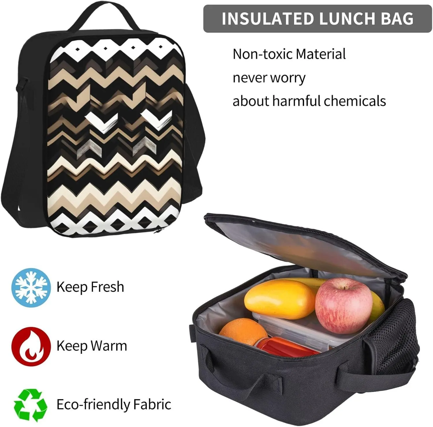 Black White Tan Zigzag Print 3pcs Casual Backpack With Lunch Box Unisex Adjustable Backpack,Travel Laptop Backpack