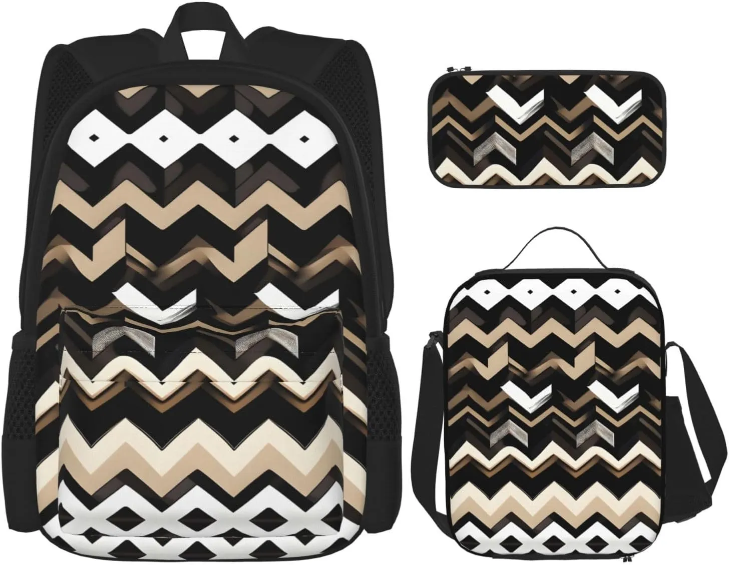 Black White Tan Zigzag Print 3pcs Casual Backpack With Lunch Box Unisex Adjustable Backpack,Travel Laptop Backpack