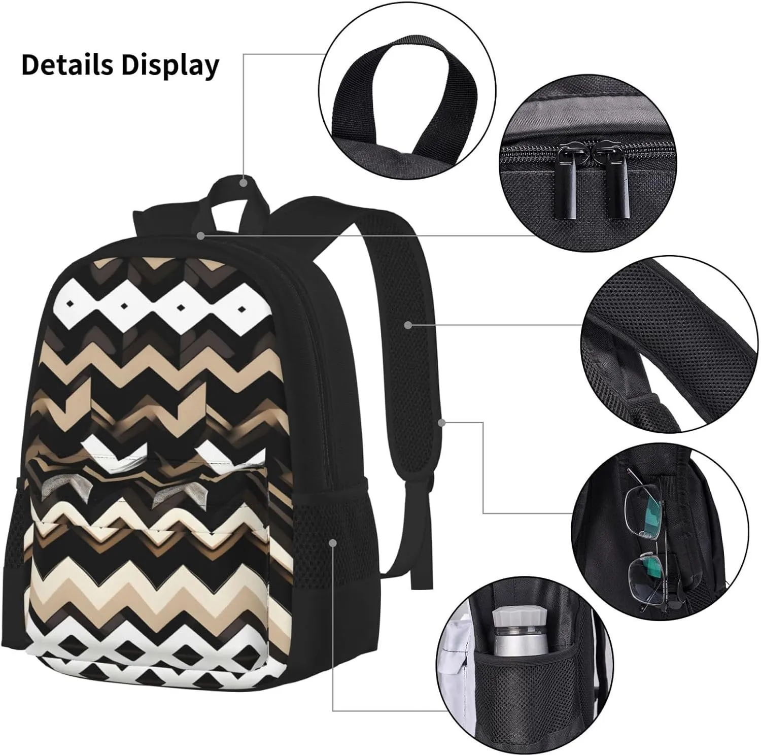 Black White Tan Zigzag Print 3pcs Casual Backpack With Lunch Box Unisex Adjustable Backpack,Travel Laptop Backpack