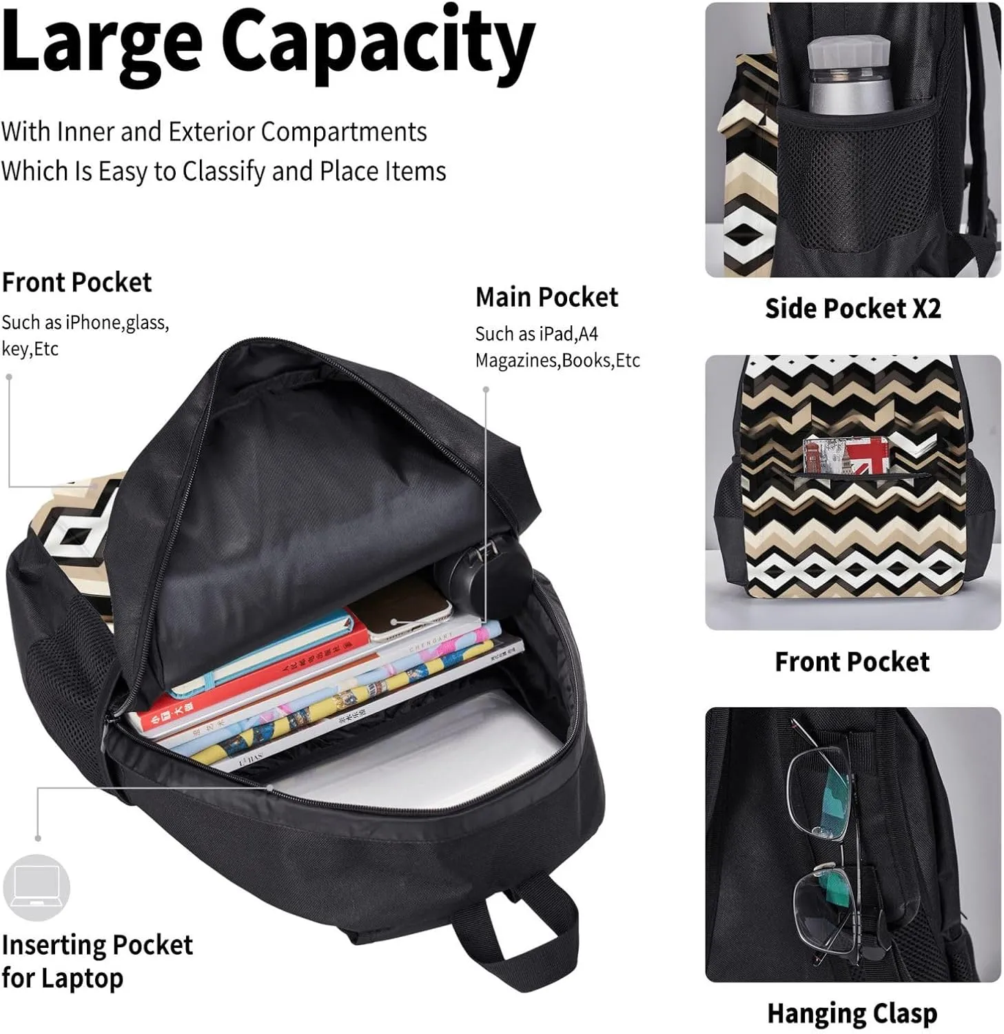 Black White Tan Zigzag Print 3pcs Casual Backpack With Lunch Box Unisex Adjustable Backpack,Travel Laptop Backpack