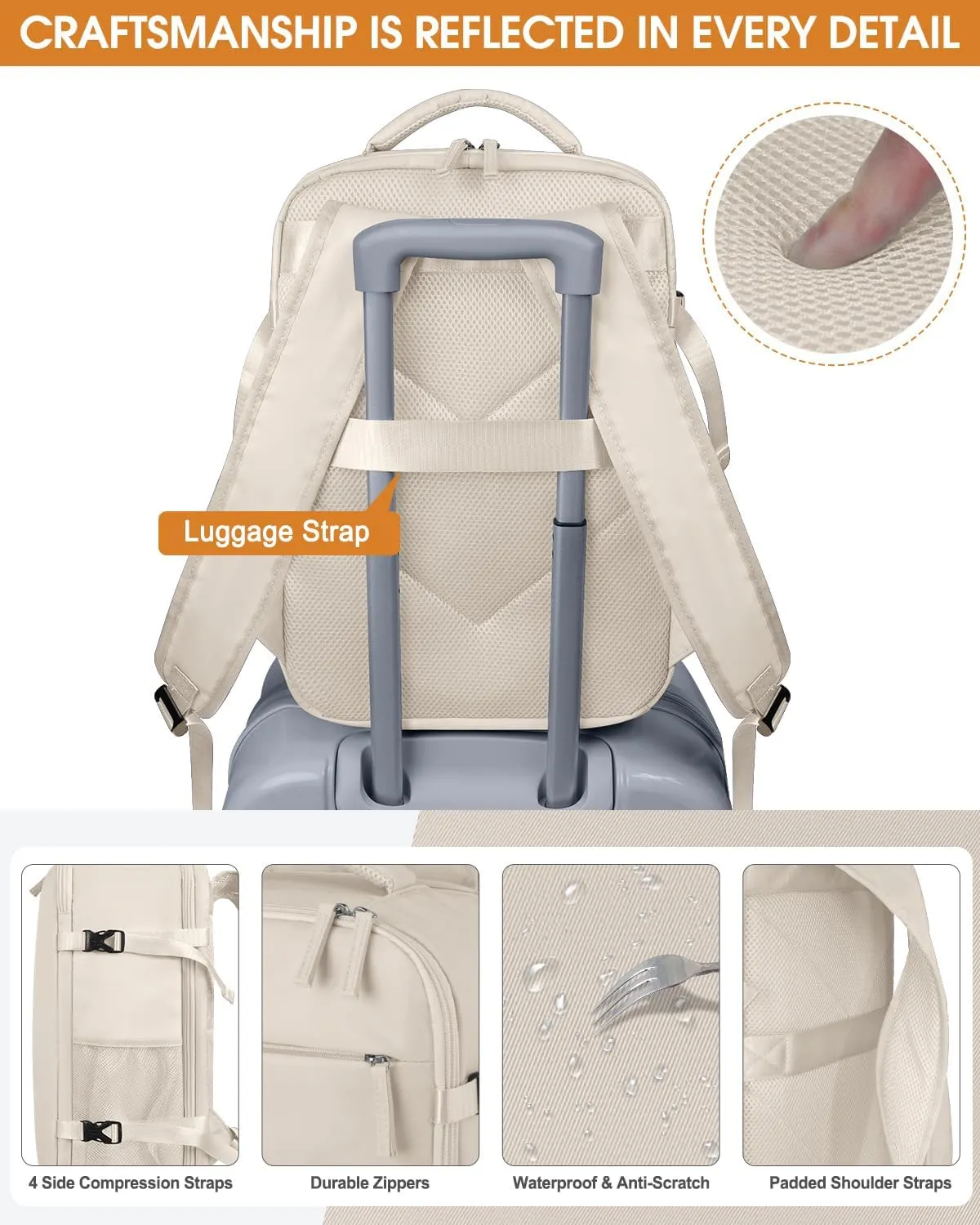 Capolo Travel Backpack for Women Men Waterproof Laptop Backpack Airlines Approved Carry On Backpack Bag Computer Bookbag for Business, Work, Traveling Fits 15.6 Inch Laptop(Beige)