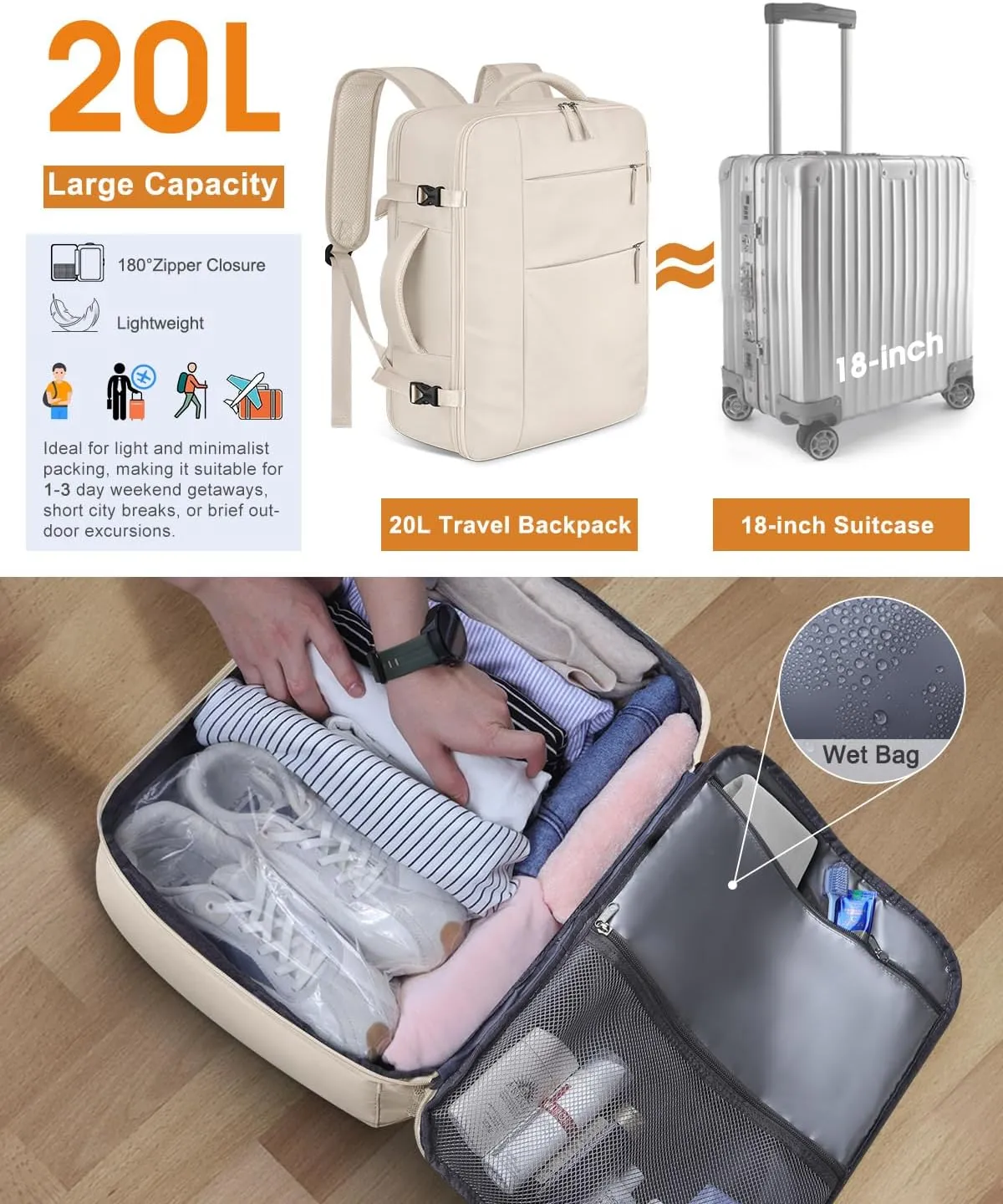 Capolo Travel Backpack for Women Men Waterproof Laptop Backpack Airlines Approved Carry On Backpack Bag Computer Bookbag for Business, Work, Traveling Fits 15.6 Inch Laptop(Beige)