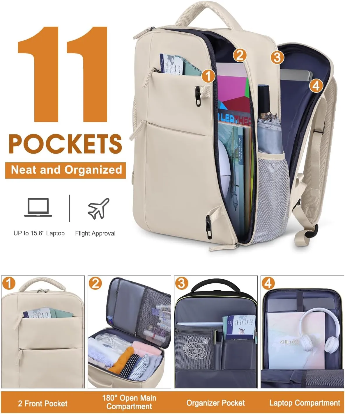 Capolo Travel Backpack for Women Men Waterproof Laptop Backpack Airlines Approved Carry On Backpack Bag Computer Bookbag for Business, Work, Traveling Fits 15.6 Inch Laptop(Beige)