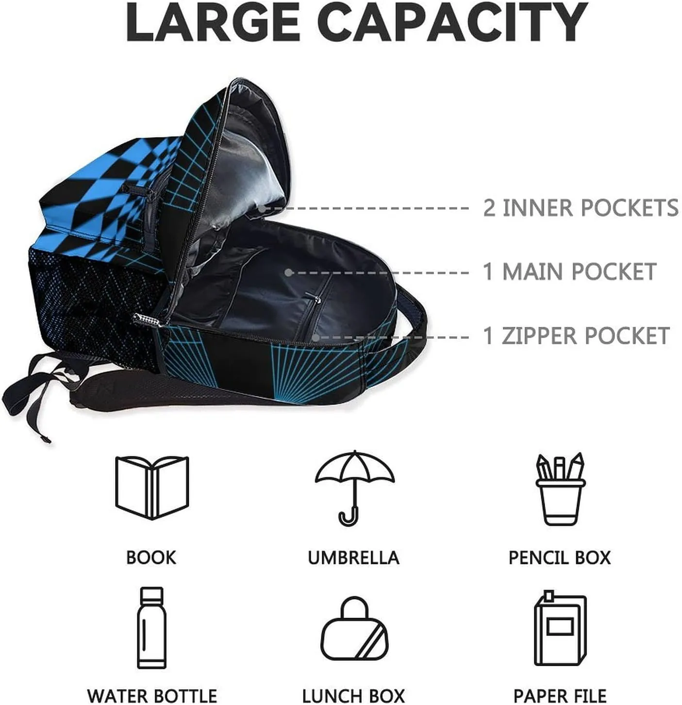 Car Backpack for School - 17 Inches Black Backpacks for Girls, Boys - Cool Bookbag for Highschool