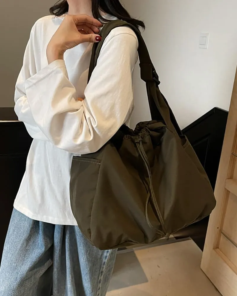 Casual Nylon Shoulder Tote Bag for Women Large Lightweight Canvas Travel Crossbody Purse Handbags with Drawstring