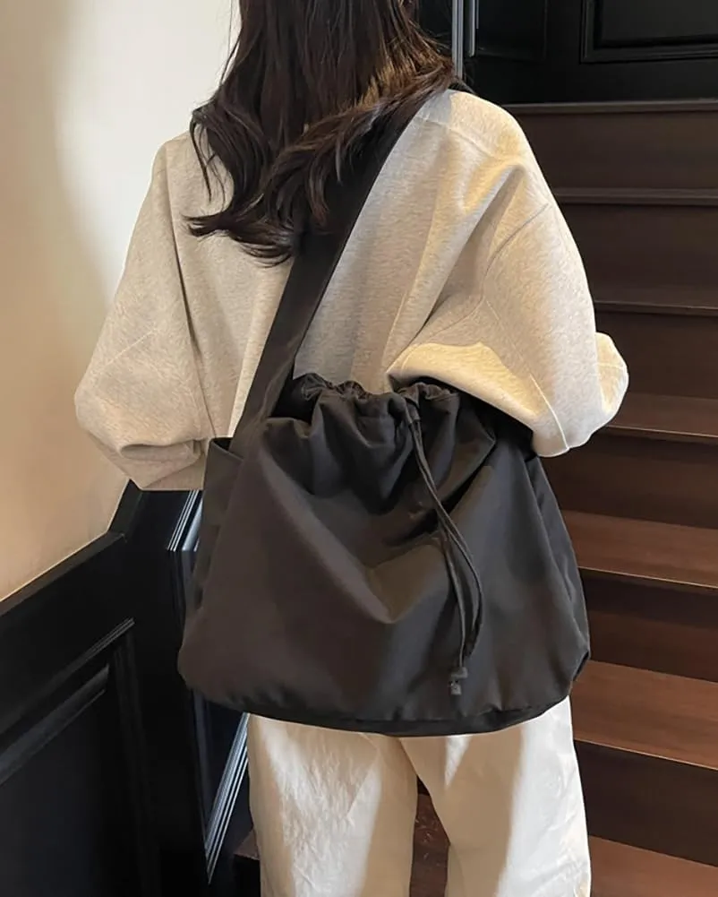 Casual Nylon Shoulder Tote Bag for Women Large Lightweight Canvas Travel Crossbody Purse Handbags with Drawstring