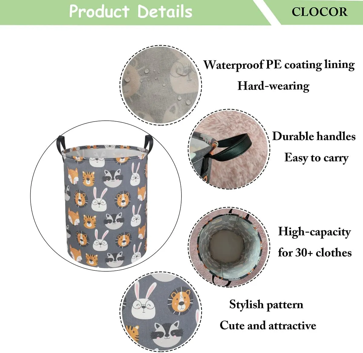 CLOCOR Kids Laundry Basket,Collapsible Fabric Storage Container,Baby Nursery Hamper for Boys,Kids Toys Bucket,Room Decor,Gift Basket(Animal Heads)