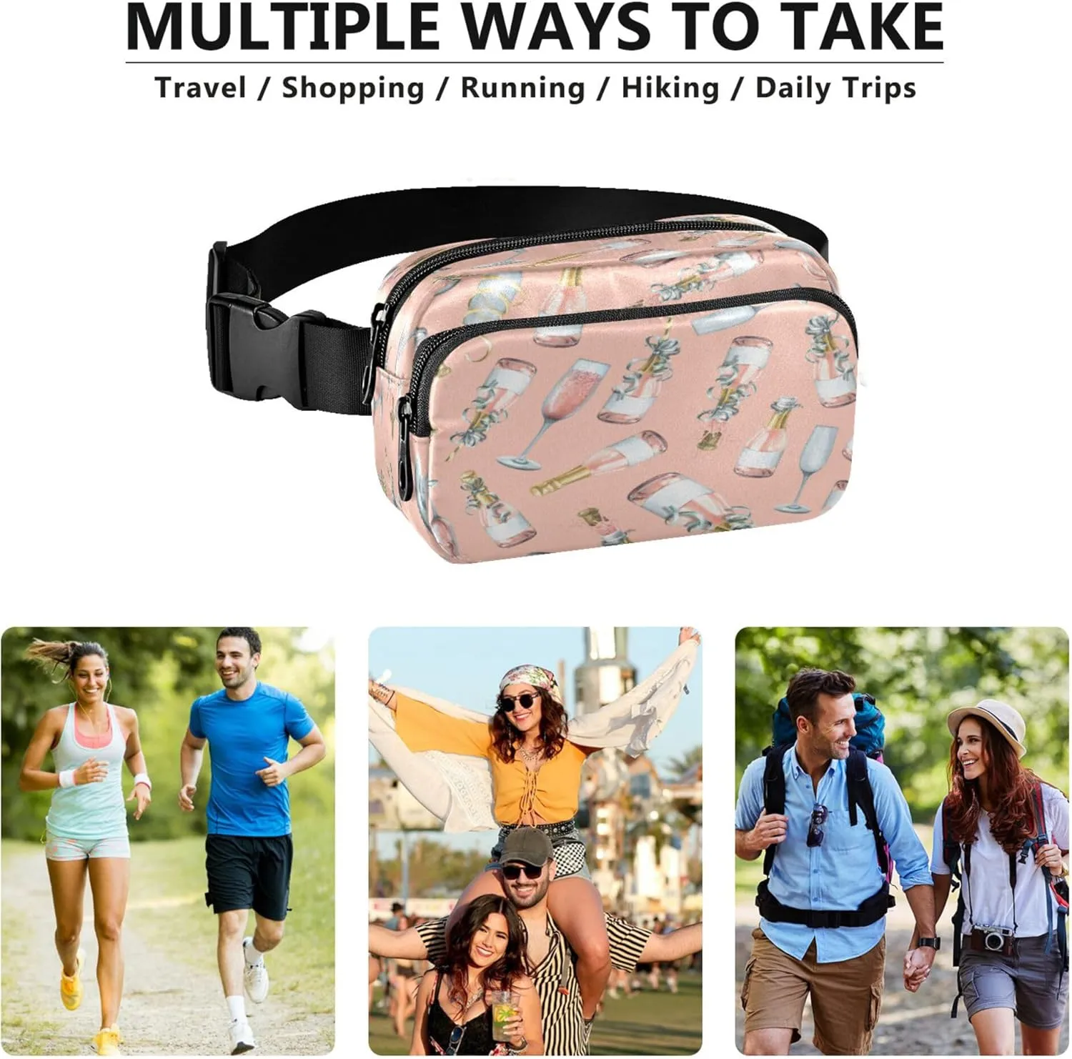 Exnundod Fanny Waist Packs Champagne Bottles and Glasses Running Hiking Waist Pack Fashionable Zipper Belt Bag for Workout Traveling