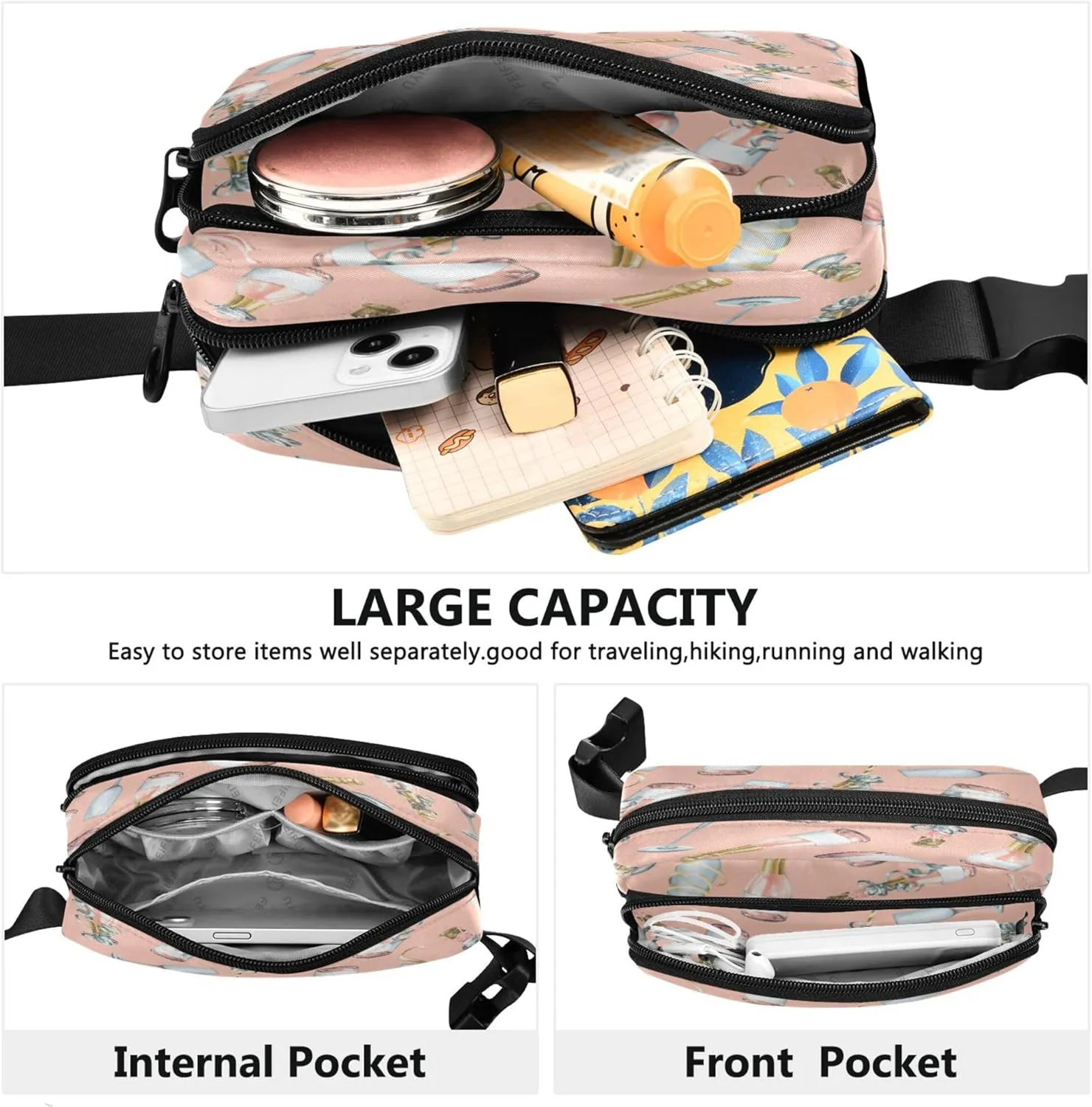 Exnundod Fanny Waist Packs Champagne Bottles and Glasses Running Hiking Waist Pack Fashionable Zipper Belt Bag for Workout Traveling