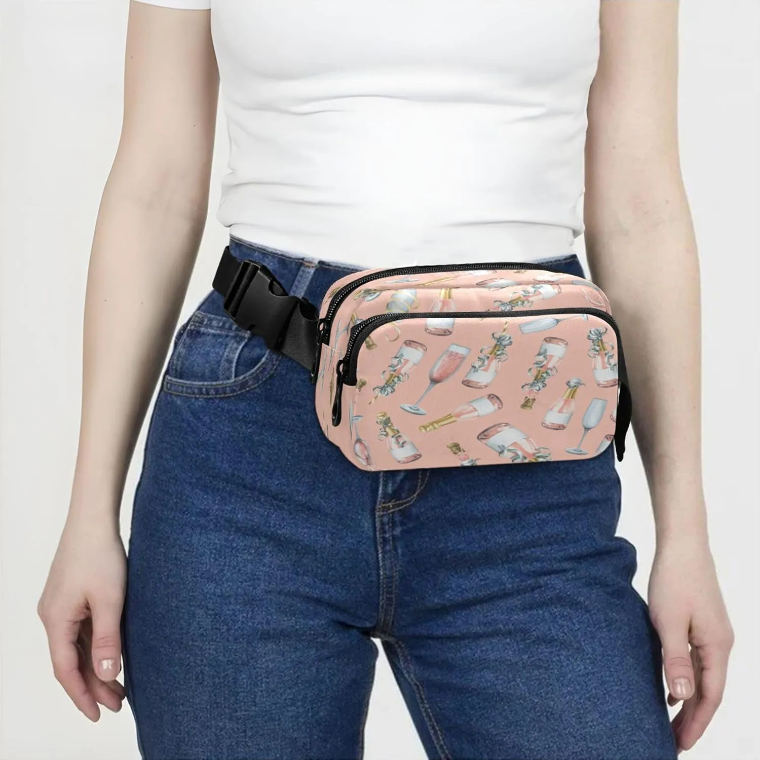 Exnundod Fanny Waist Packs Champagne Bottles and Glasses Running Hiking Waist Pack Fashionable Zipper Belt Bag for Workout Traveling