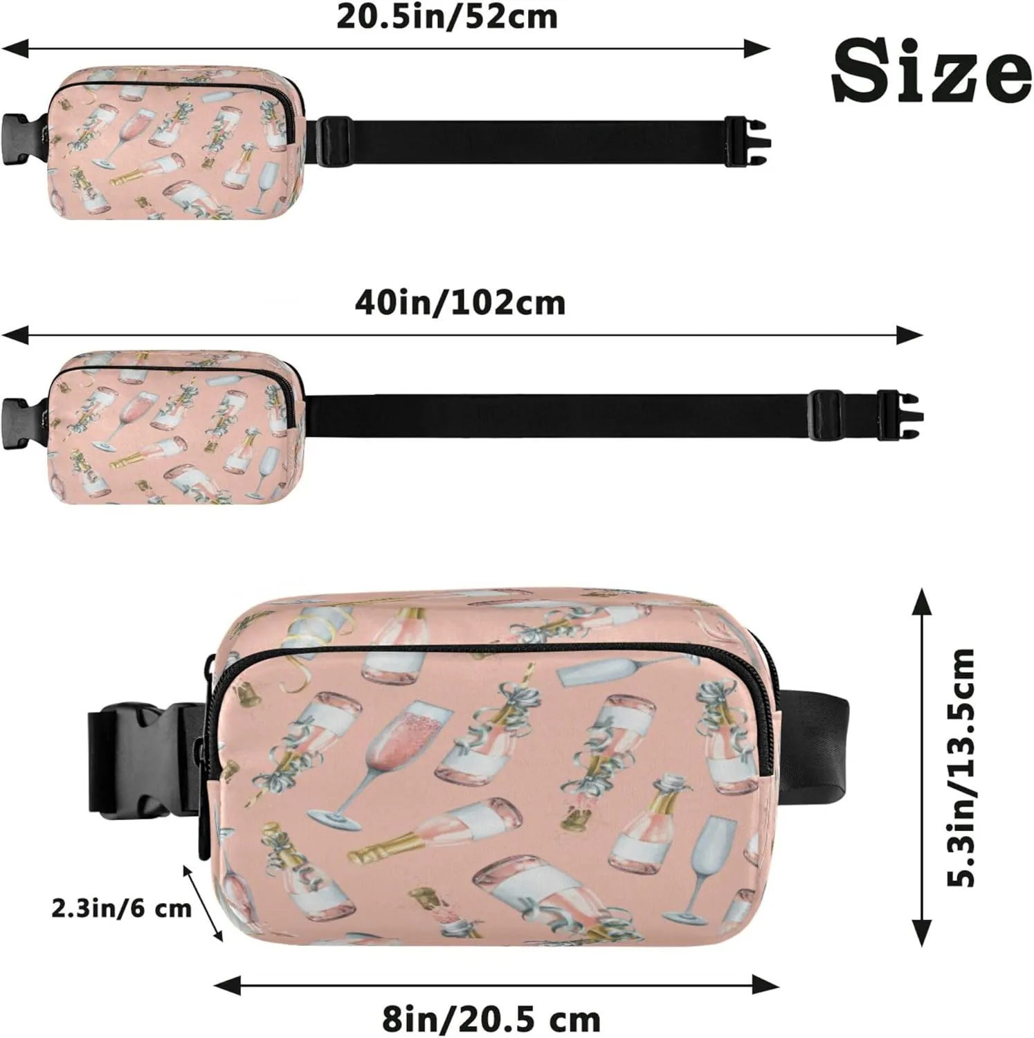 Exnundod Fanny Waist Packs Champagne Bottles and Glasses Running Hiking Waist Pack Fashionable Zipper Belt Bag for Workout Traveling