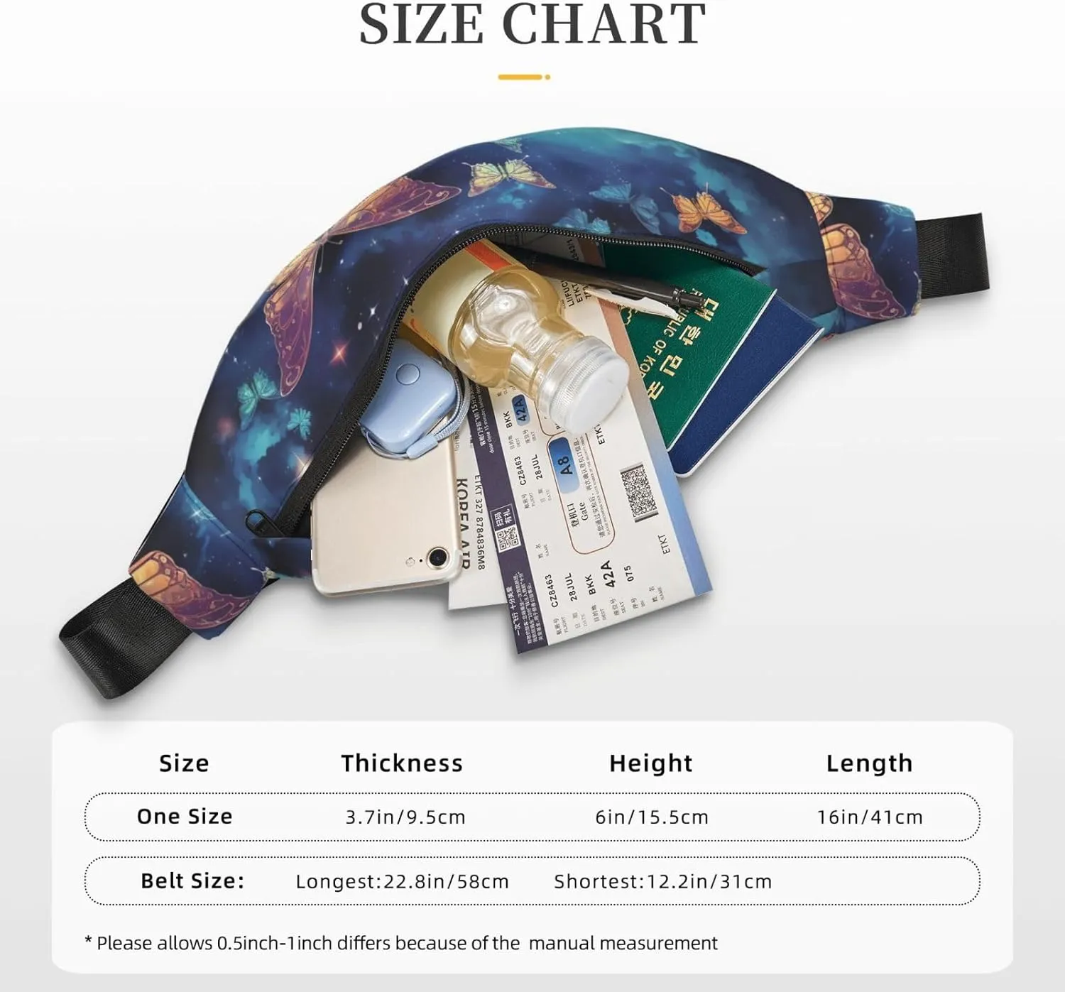 Fanny Pack Belt Bag for Women Men Waterproof Waist Pack Tiger Colorful Sunset Waist Bag with Adjustable Strap, Starry Sky Butterfly, One Size
