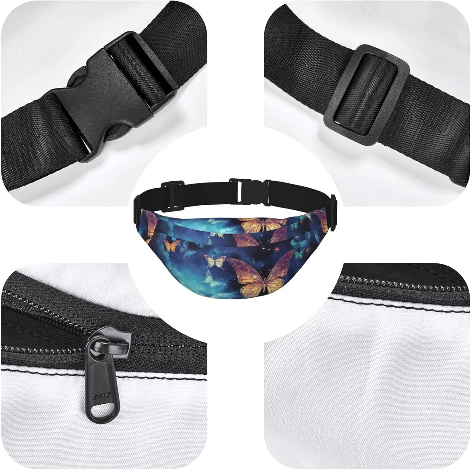 Fanny Pack Belt Bag for Women Men Waterproof Waist Pack Tiger Colorful Sunset Waist Bag with Adjustable Strap, Starry Sky Butterfly, One Size