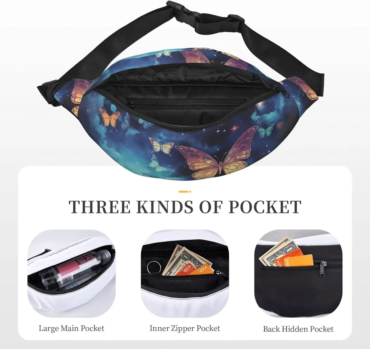 Fanny Pack Belt Bag for Women Men Waterproof Waist Pack Tiger Colorful Sunset Waist Bag with Adjustable Strap, Starry Sky Butterfly, One Size