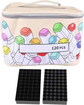 Fockety Marker Case 120 Slots Marker Case, PU Leather Holder with Large Opening, Zipper, Easy Carry Handle, Marker Case Lipstick Organizer for Art Pens Pencils Lipstick Mascara Storage