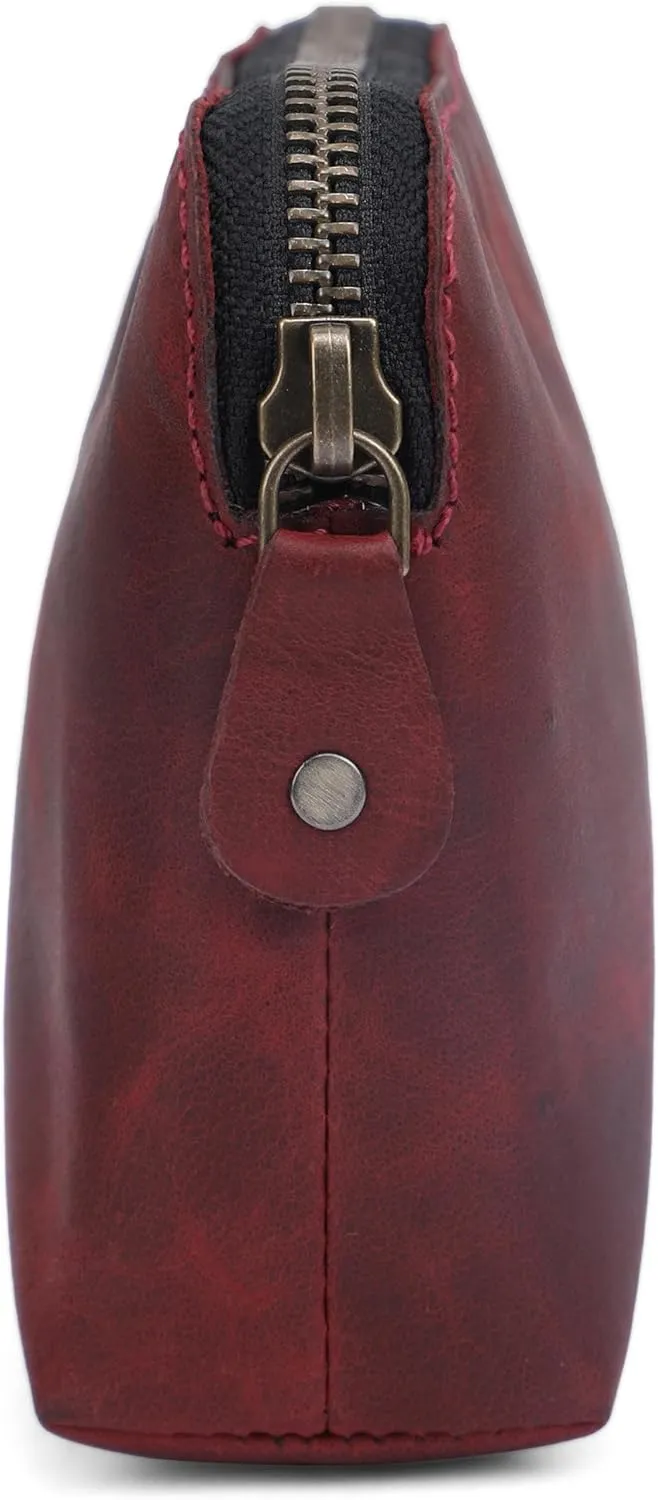 Genuine Leather Cosmetic Case For Women Handmade (Wine Red) Small Makeup Bag for Purse Zipper Pouch - Makeup Essentials Organiser Mini Cosmetic Bag For Purse, Cosmetic Case Makeup Holder Bag