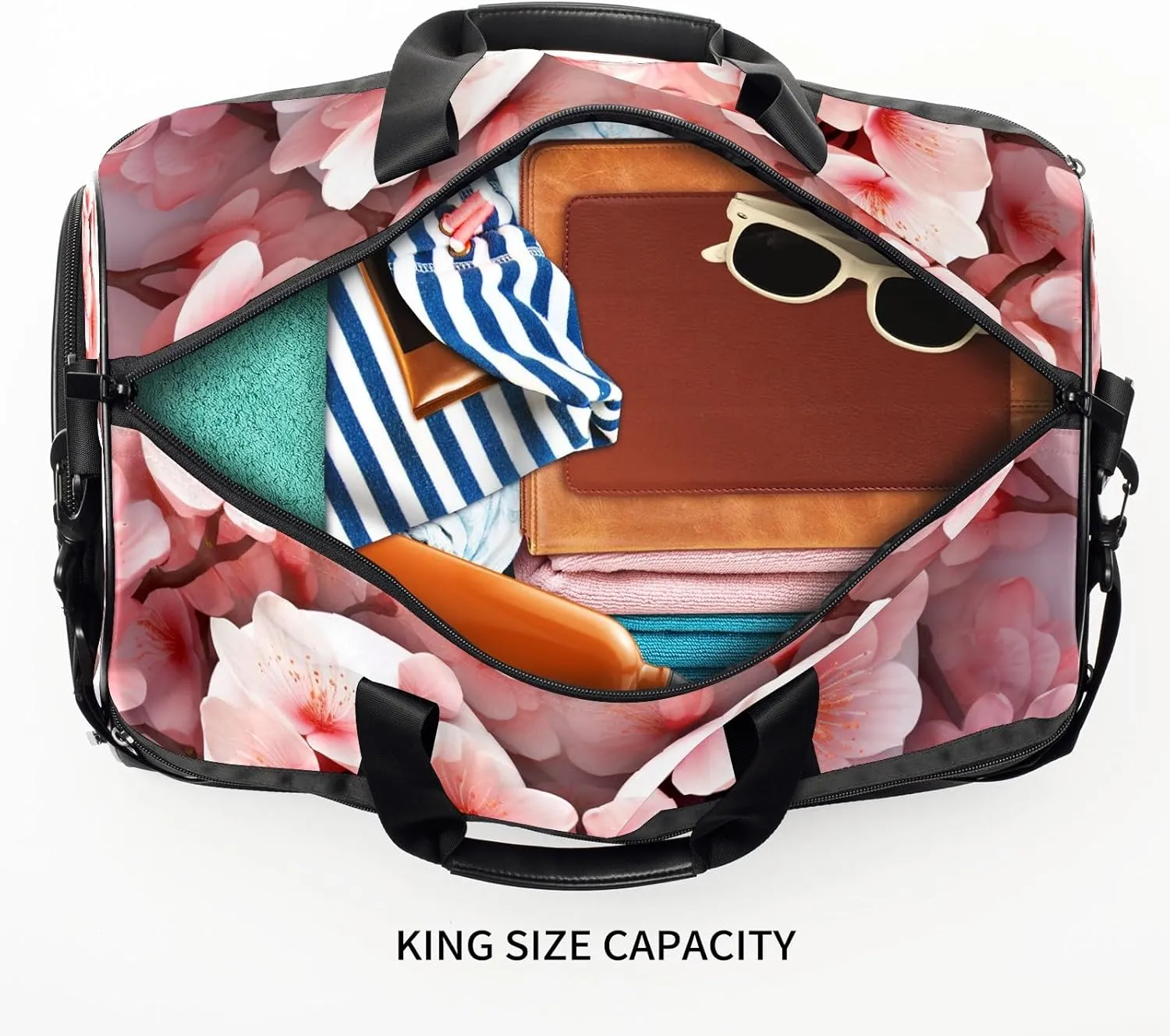 Gym Bag for Women Men, Yoga Bag with Shoe Pocket, Travel Duffel Tote Bag for Plane, Workout, Swimming, Weekend Overnight Bag Carry on Bag Hospital Holdalls, Love Peach Blossom - 4