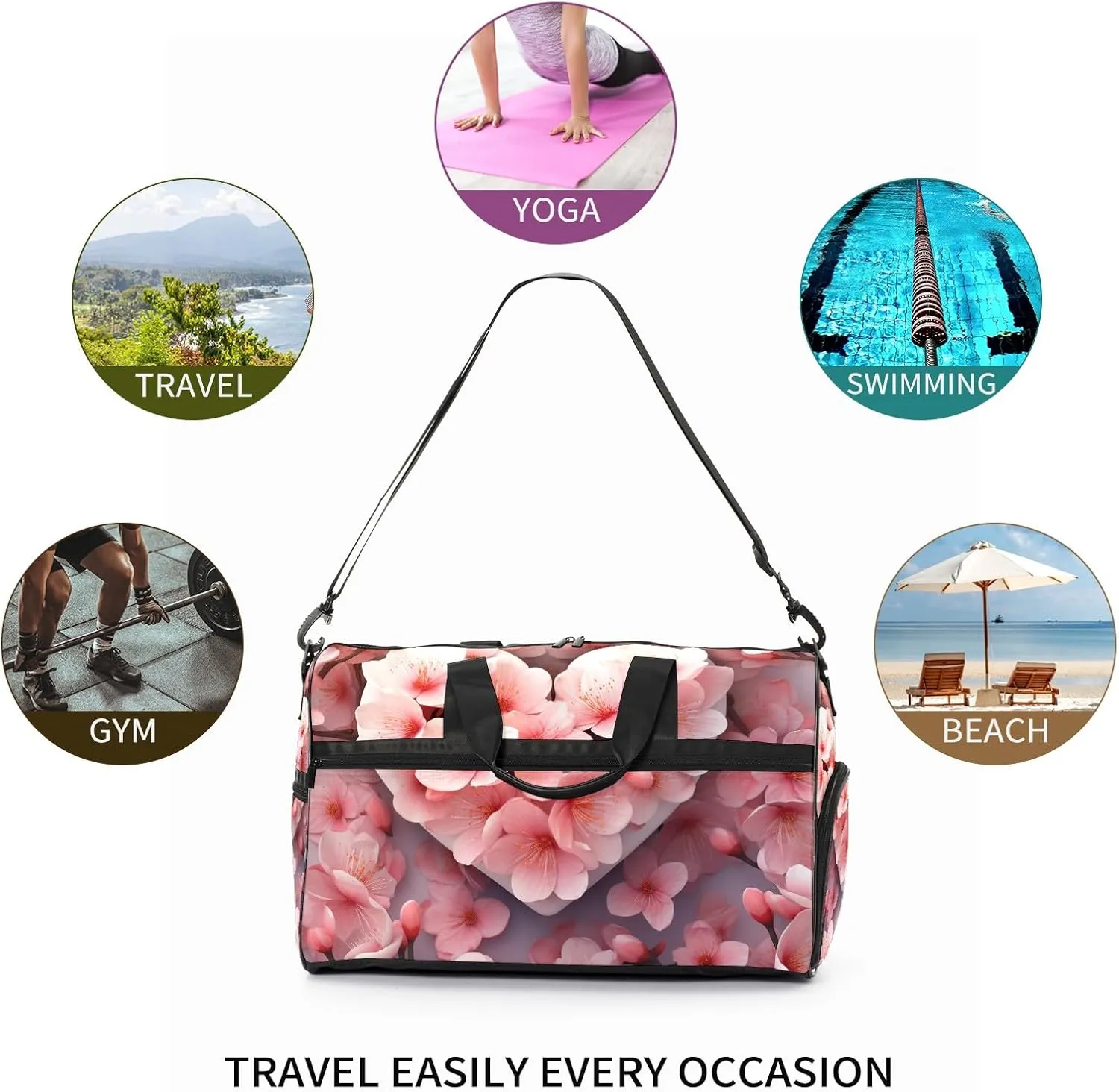 Gym Bag for Women Men, Yoga Bag with Shoe Pocket, Travel Duffel Tote Bag for Plane, Workout, Swimming, Weekend Overnight Bag Carry on Bag Hospital Holdalls, Love Peach Blossom - 4