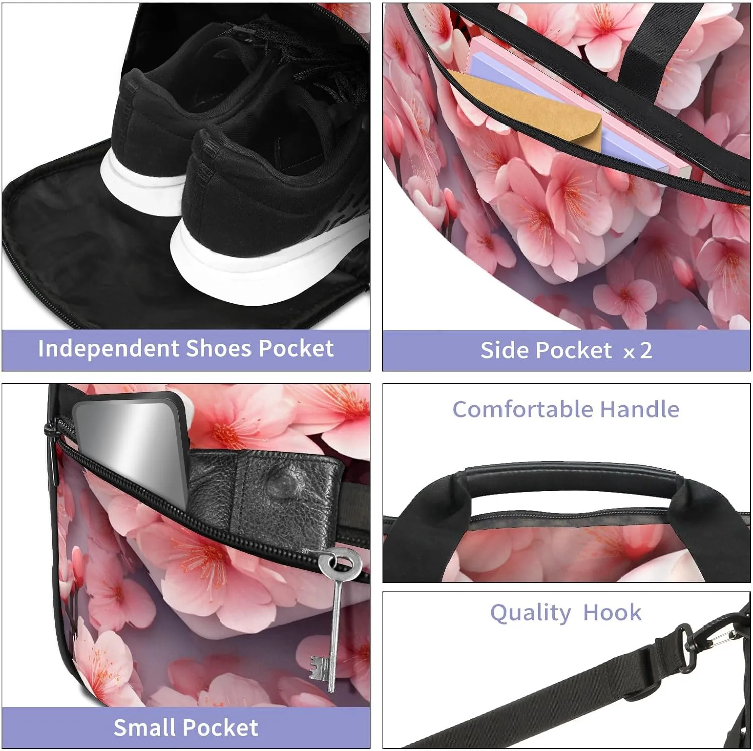Gym Bag for Women Men, Yoga Bag with Shoe Pocket, Travel Duffel Tote Bag for Plane, Workout, Swimming, Weekend Overnight Bag Carry on Bag Hospital Holdalls, Love Peach Blossom - 4