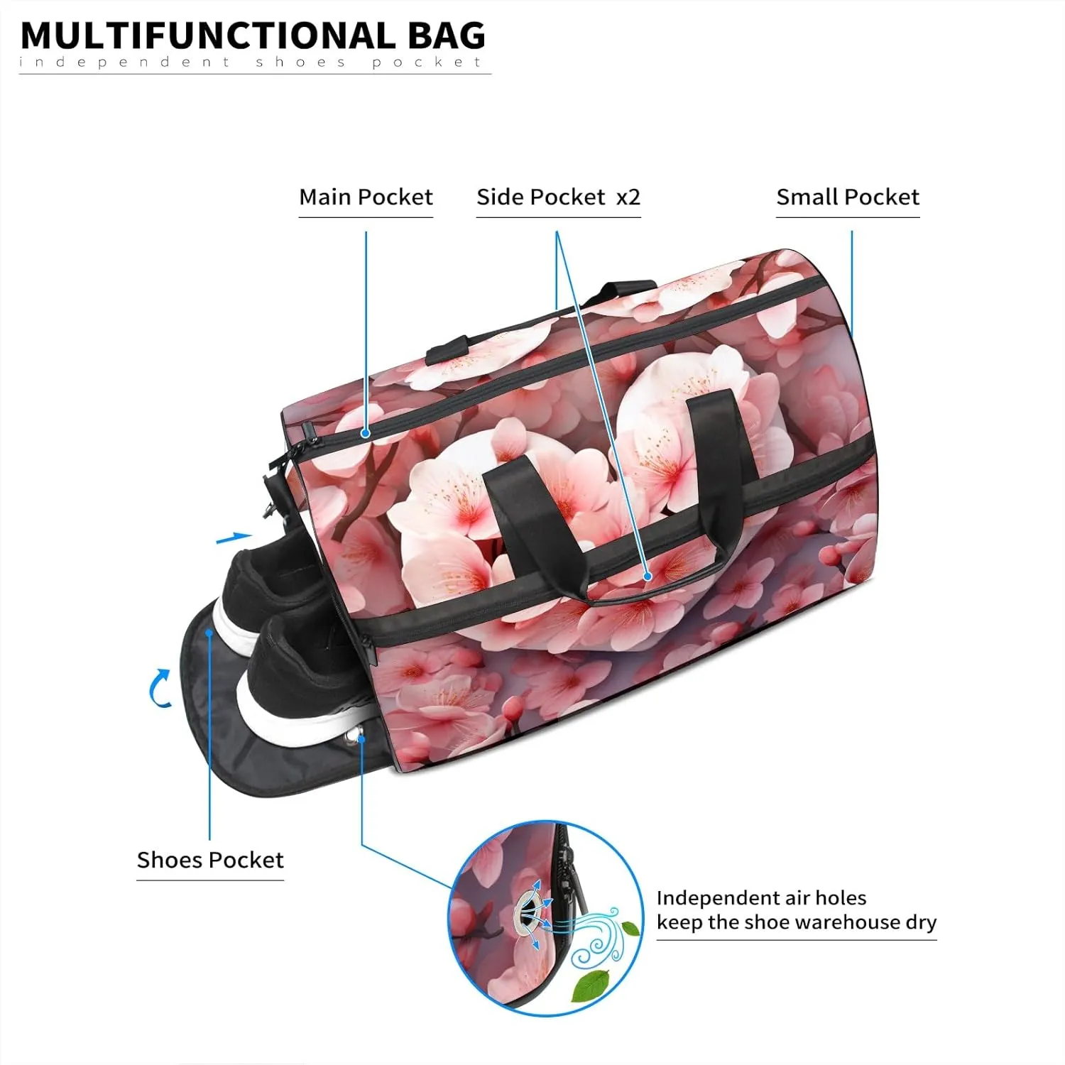 Gym Bag for Women Men, Yoga Bag with Shoe Pocket, Travel Duffel Tote Bag for Plane, Workout, Swimming, Weekend Overnight Bag Carry on Bag Hospital Holdalls, Love Peach Blossom - 4